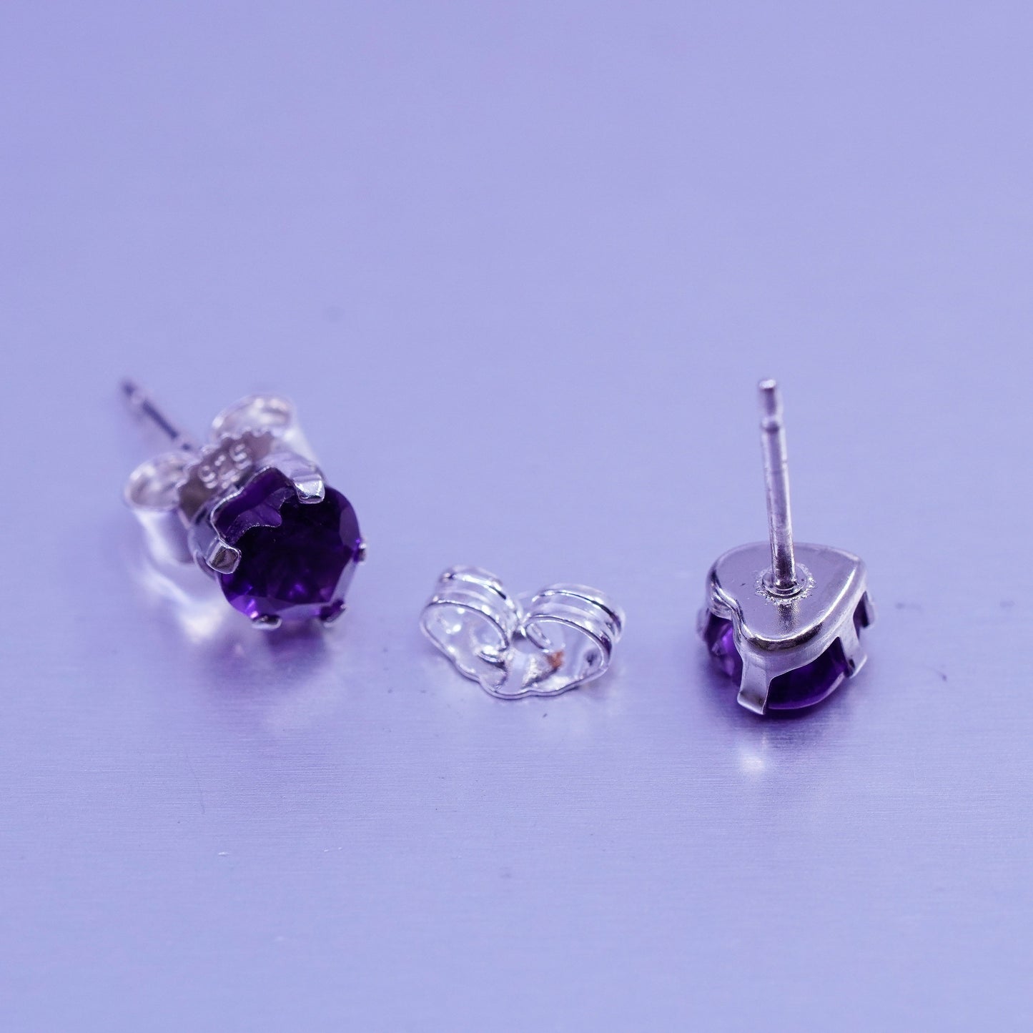 Vintage Sterling 925 silver earrings, studs with heart amethyst