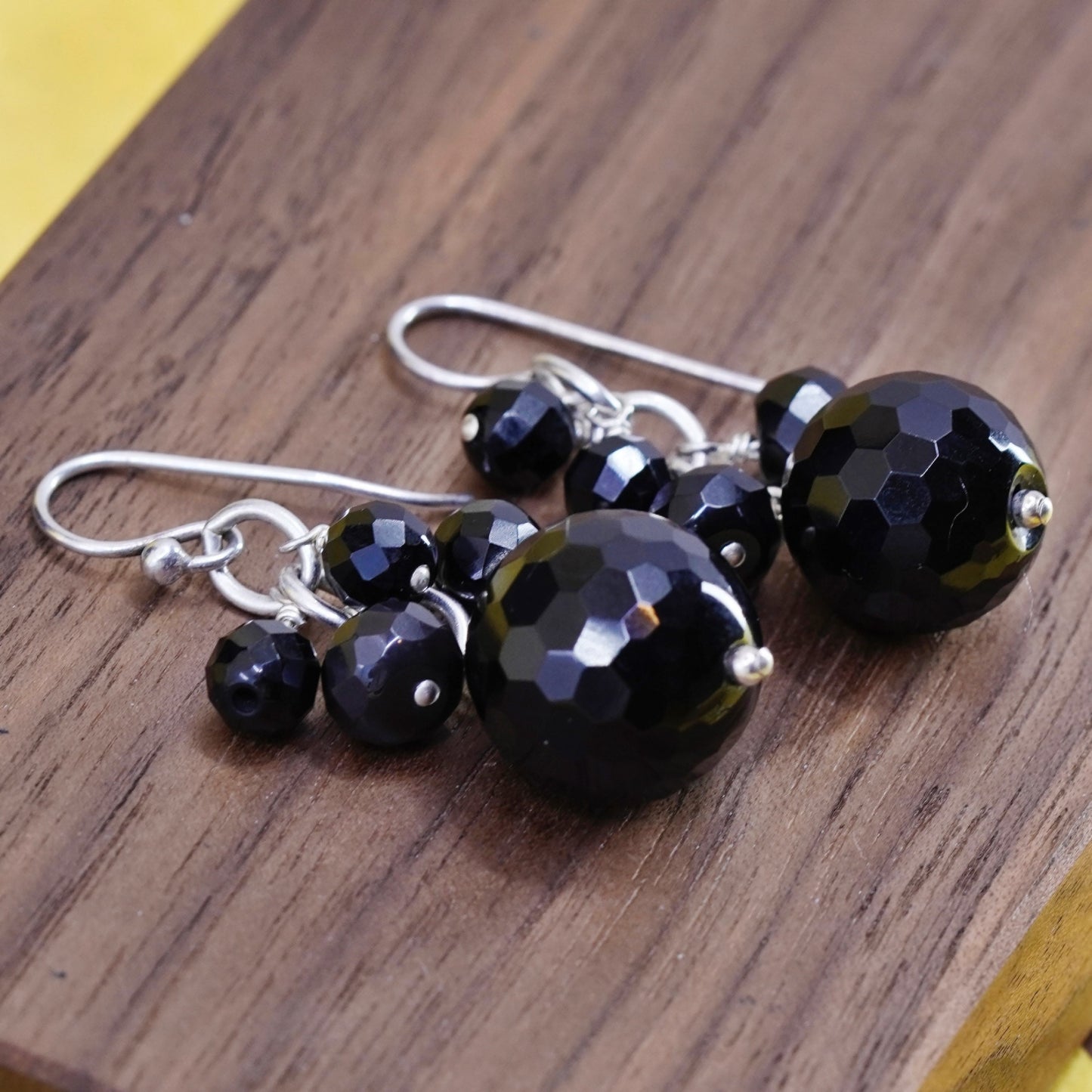 Vintage Sterling 925 silver handmade earrings with cluster obsidian dangles