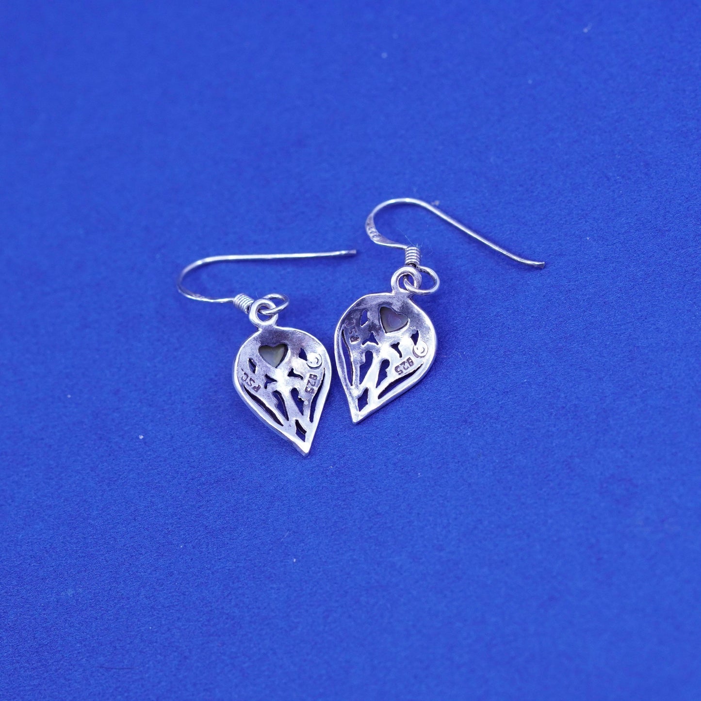 Vintage PSC Sterling 925 silver handmade earrings with heart Dangles