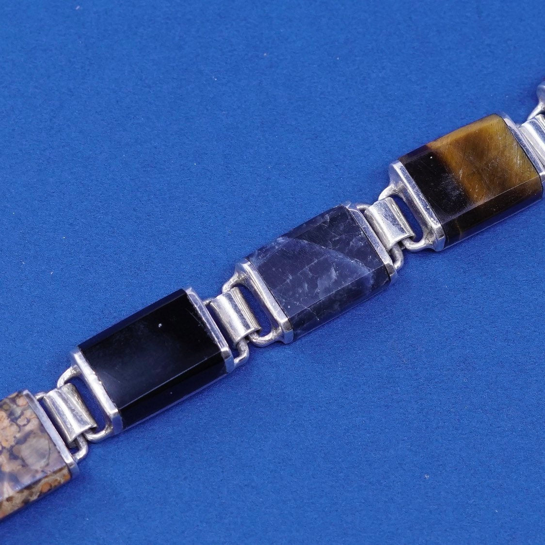 7", Sterling silver handmade bracelet, 925 round w/ obsidian jasper tiger eye