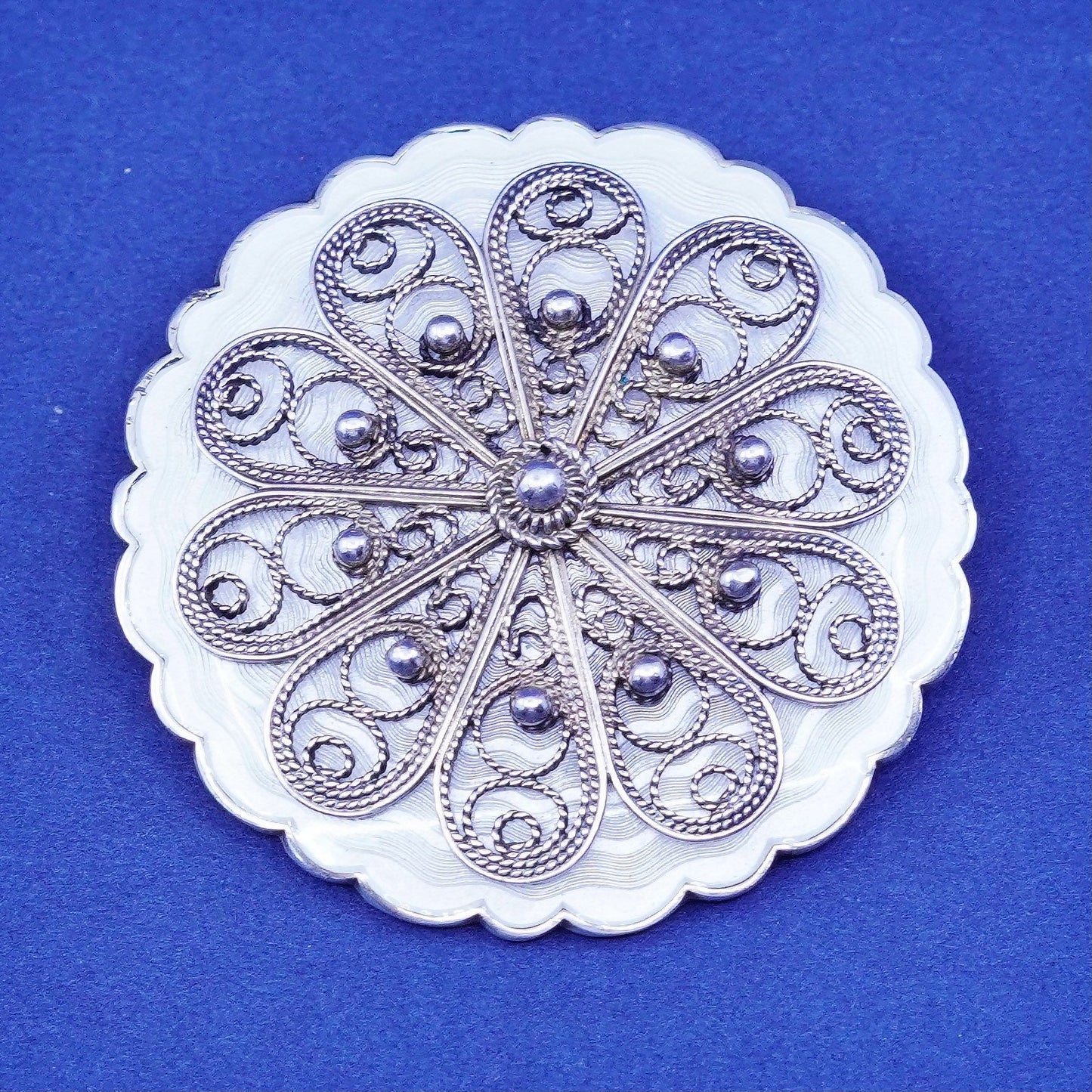 Norway sterling silver round handmade brooch, 925 filigree snowflake enamel pin