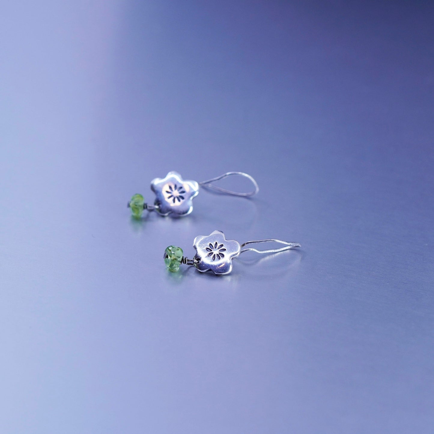 Vintage Sterling 925 silver handmade flower earrings with peridot