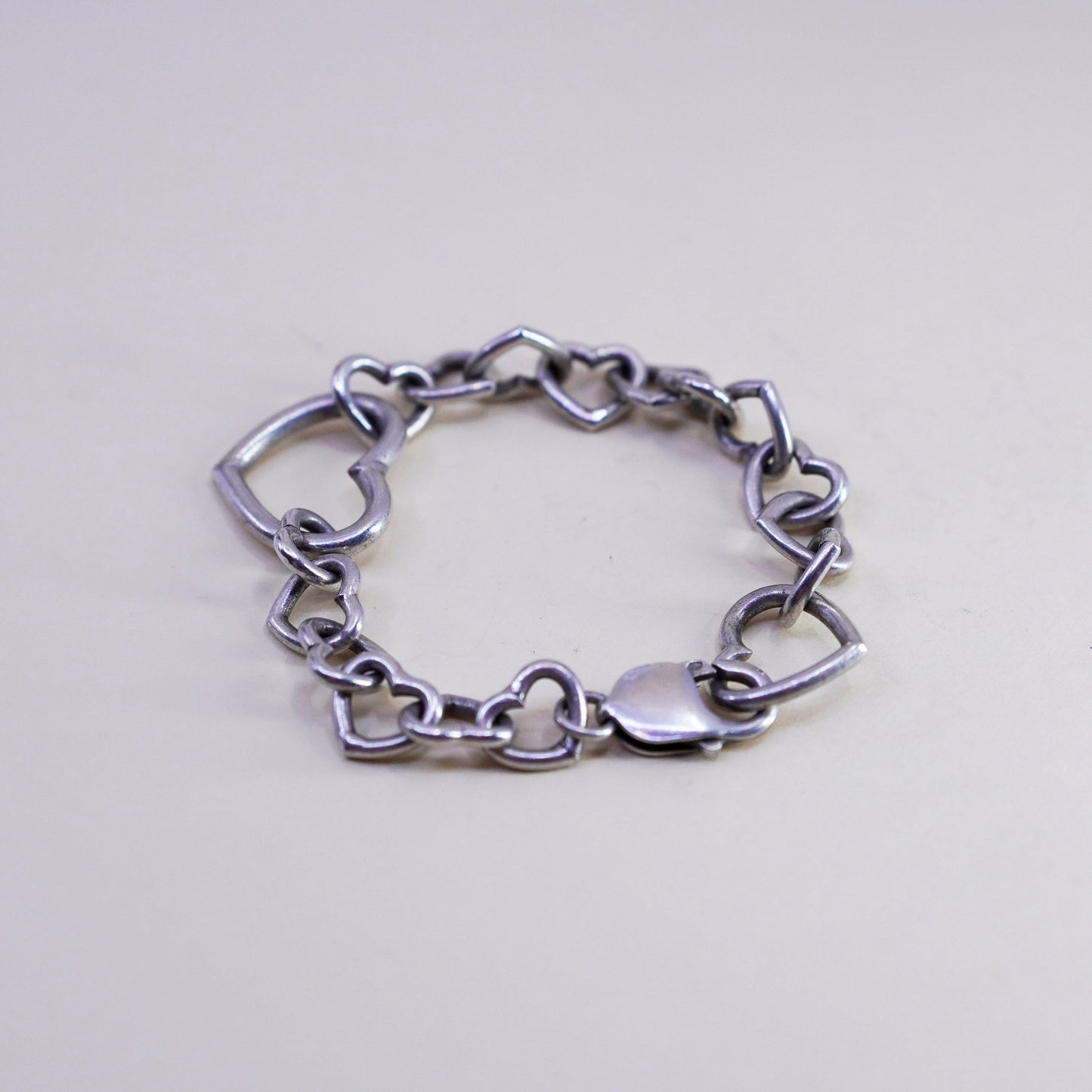 6”, Vintage sterling silver handmade link bracelet, 925 heart chain