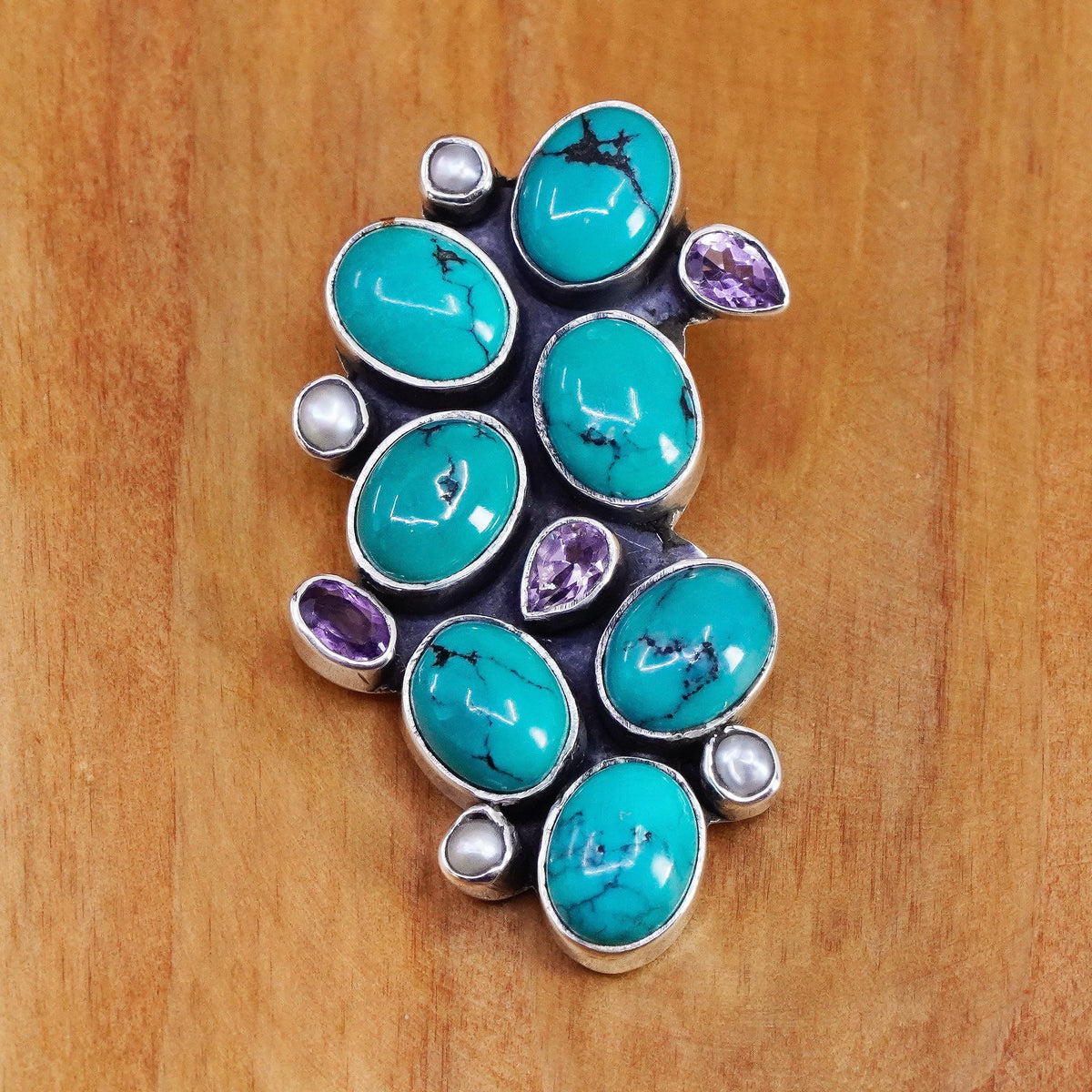 sterling silver handmade pendant, southwestern 925 grapes turquoise amethyst
