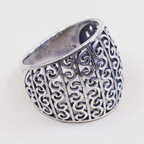 Sz 7.75, Vtg Sterling Silver Handmade Ring, 925 Silver Band W/ filigree swirl