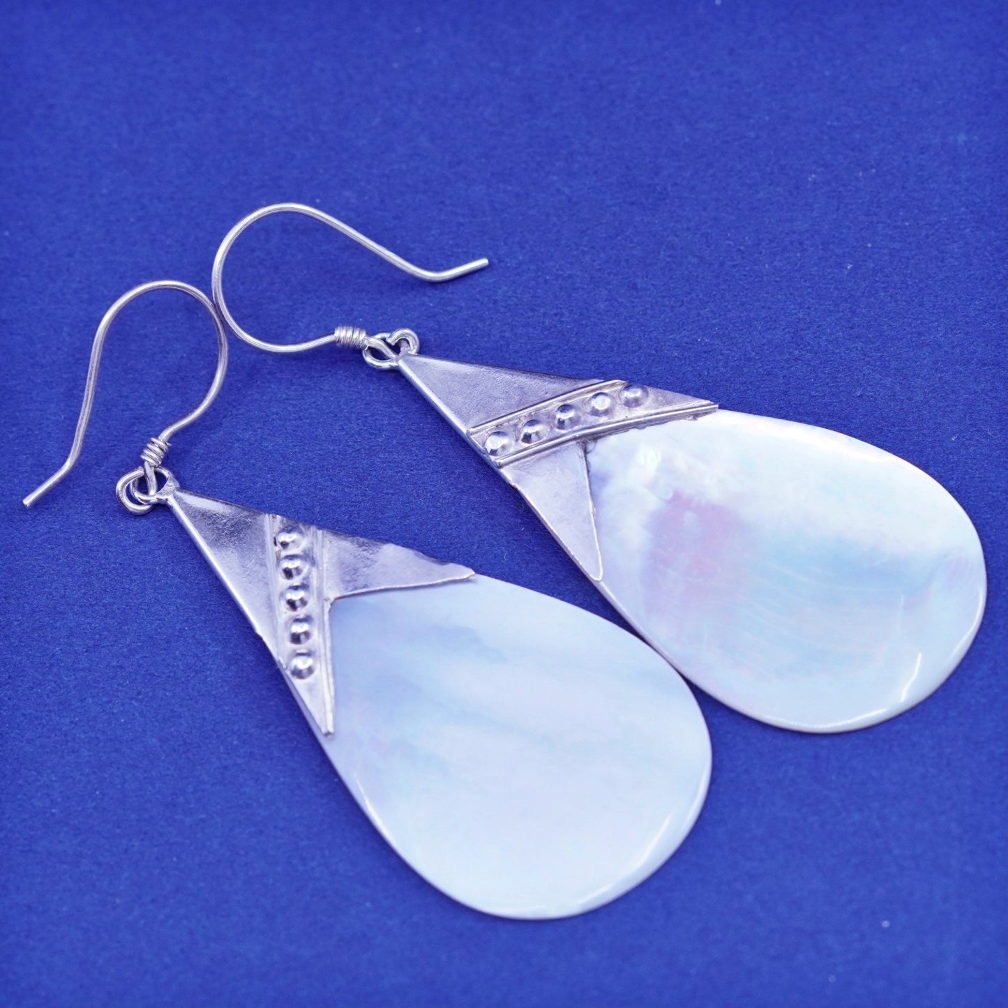 2.25”, Vintage sterling 925 silver handmade teardrop earrings mother of pearl