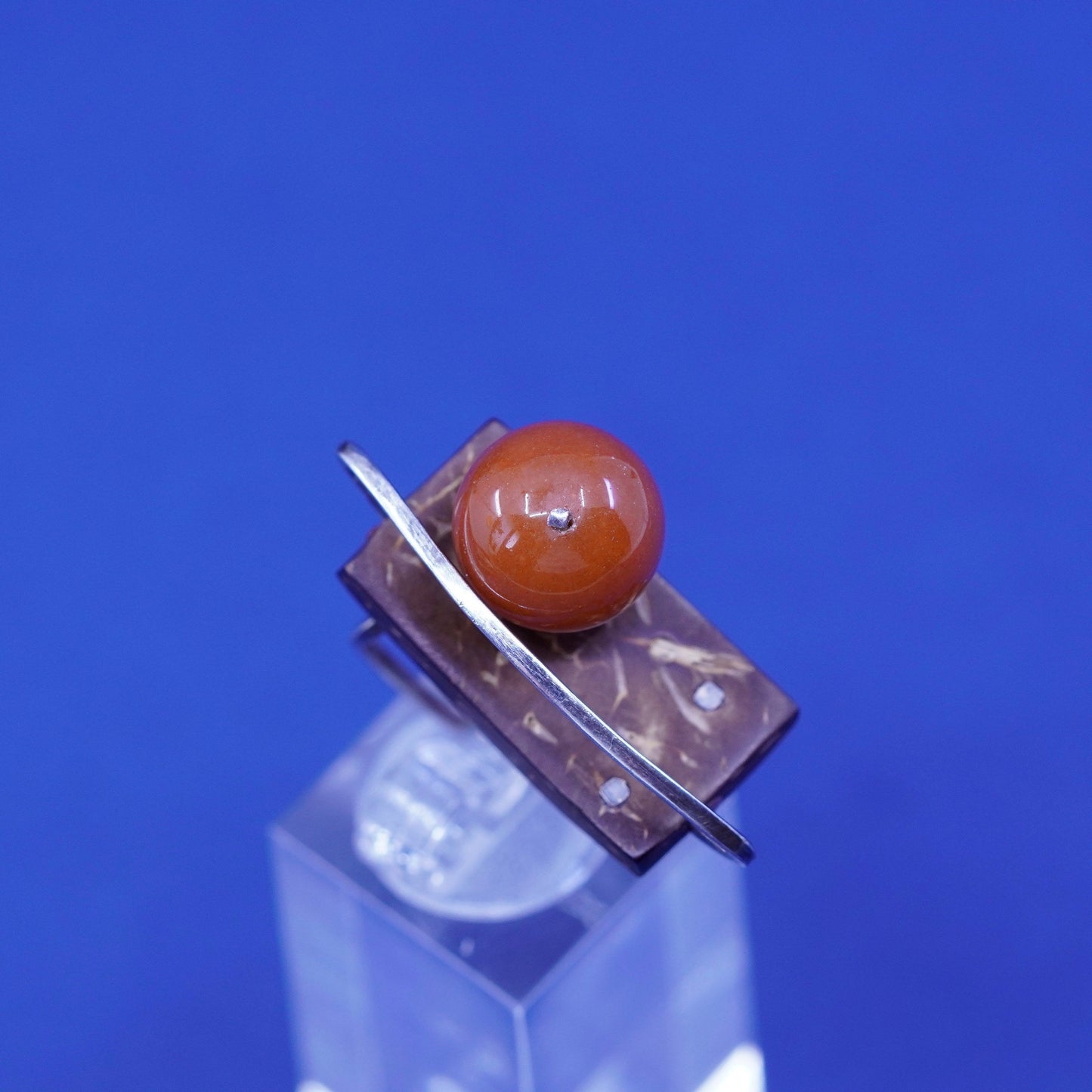 Size 4, vintage Sterling silver handmade ring carnelian wood, Native American