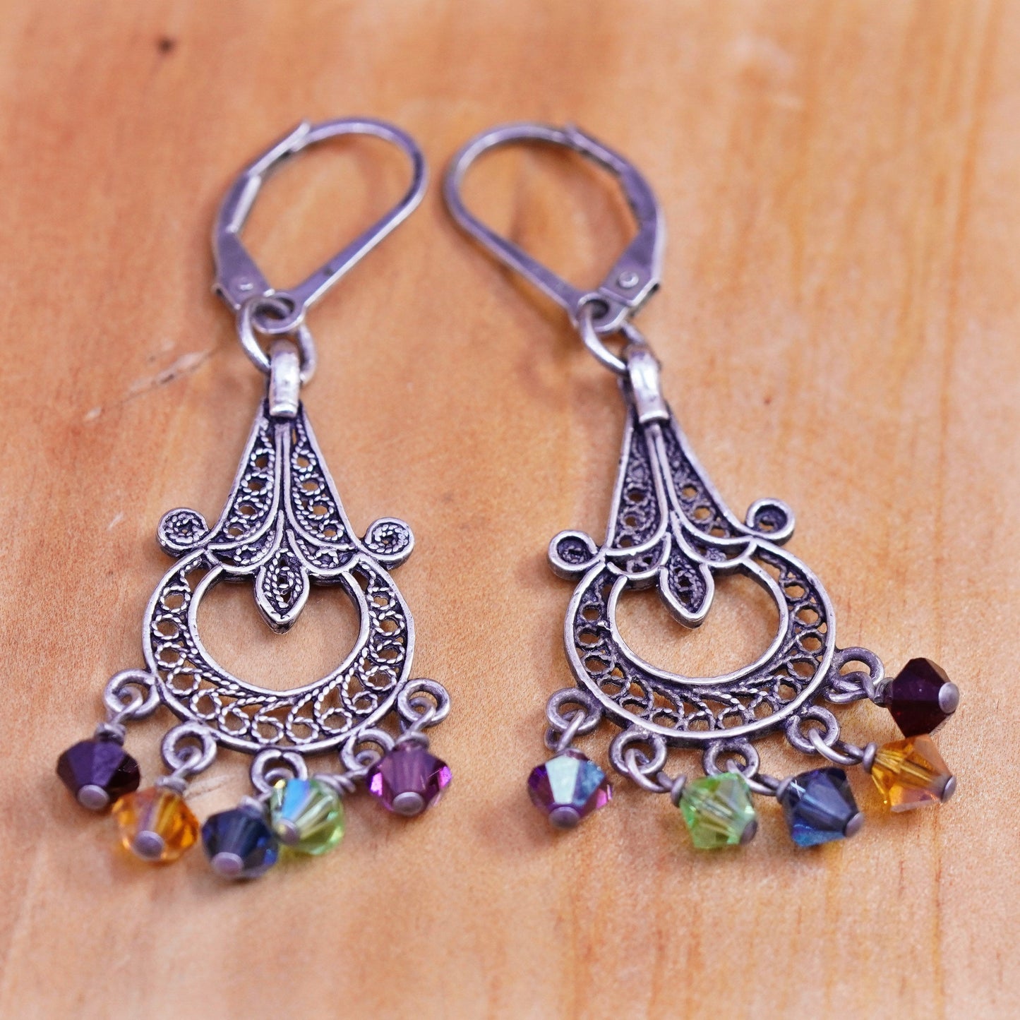 Vintage sterling silver handmade earrings, 925 teardrops filigree w/ gemstones