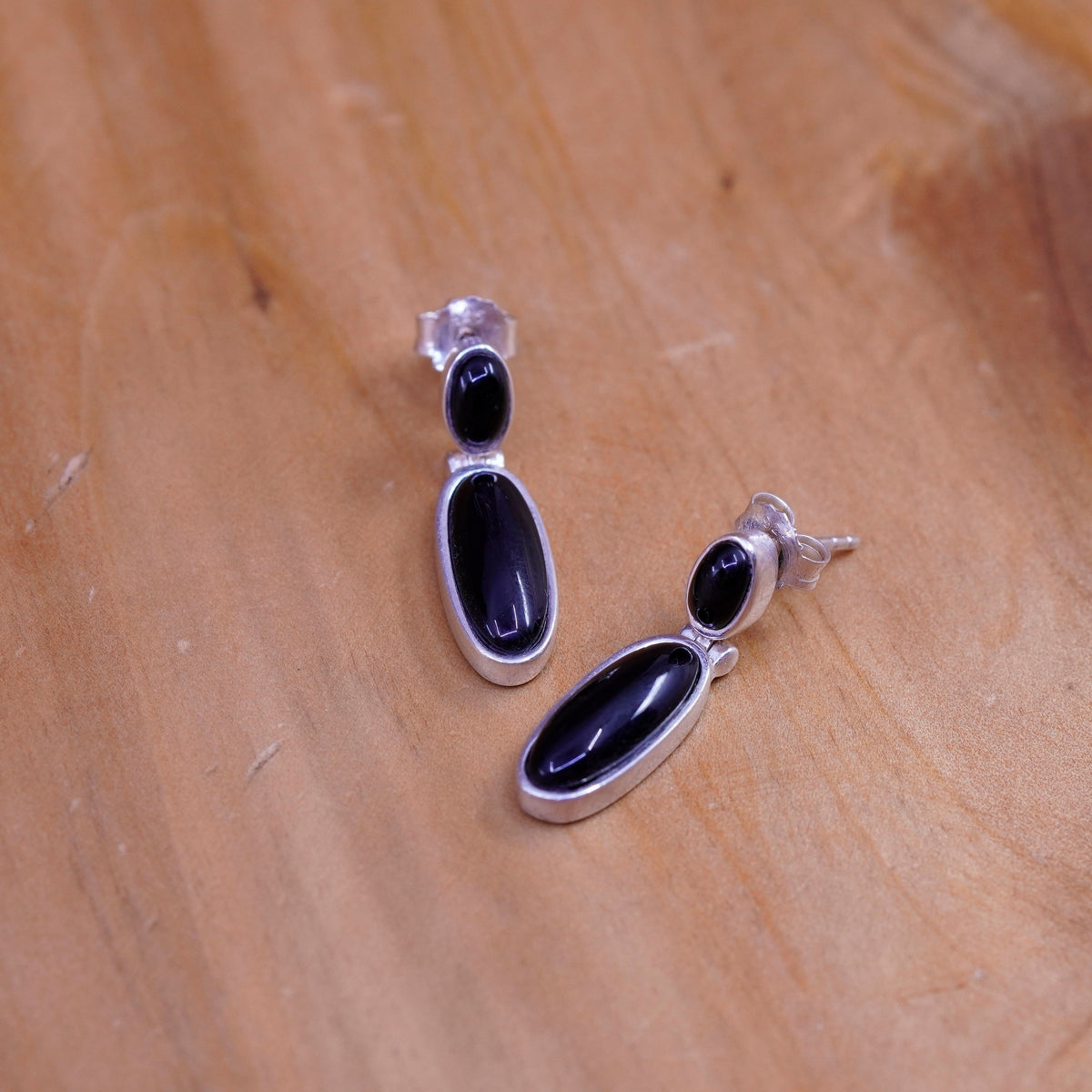 Vintage handmade sterling 925 silver earrings with obsidian dangles