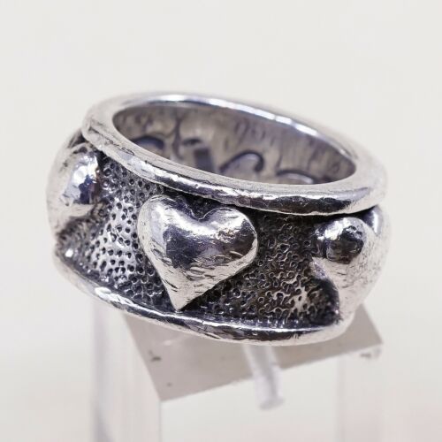 Sz 8, Vtg Exex Sterling Silver Handmade Ring, 925 Silver Band W/ Heart Embossed