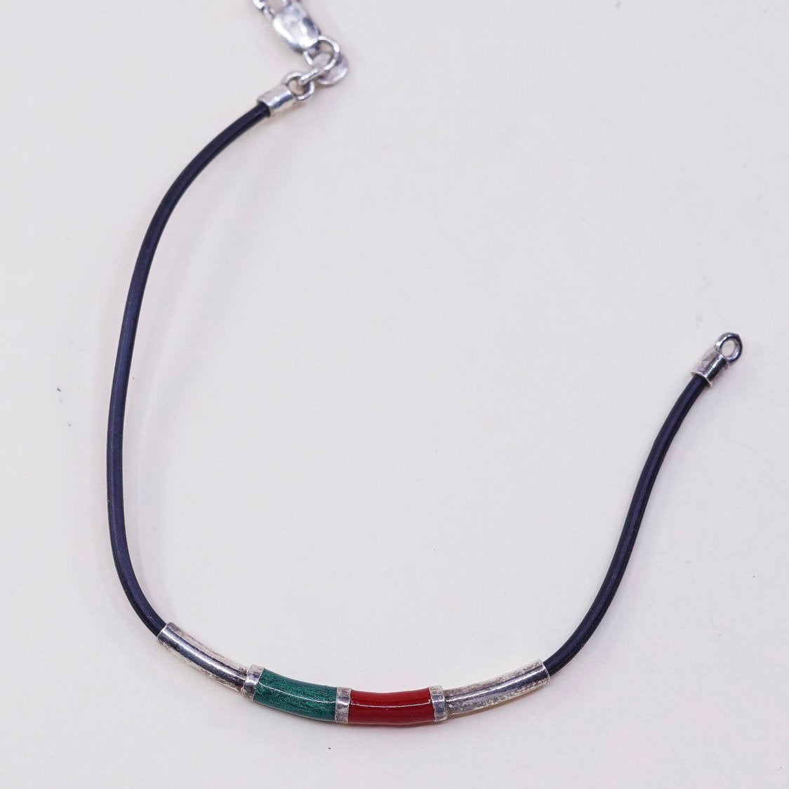 6.5”, VTG Sterling silver handmade bracelet, 925 enamel bar w/ rubber