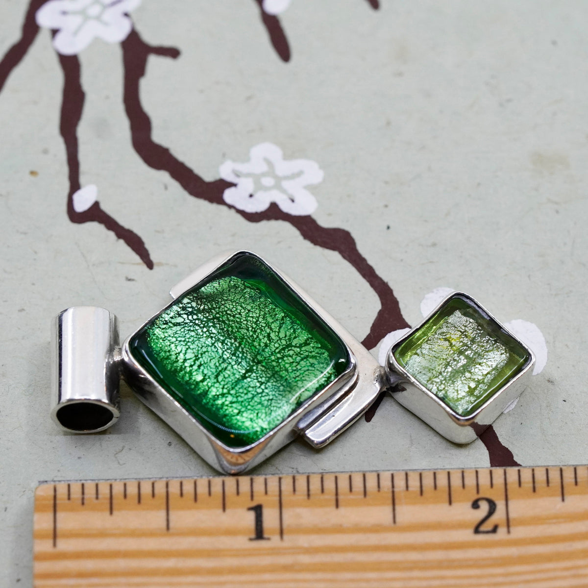 vtg Mexico sterling silver with handmade square dichroic foiled glass pendant