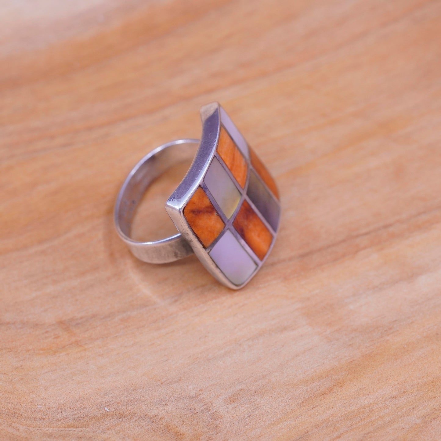 Size 9, VTG Sterling 950 silver square ring w/ red coral MOP, Native American