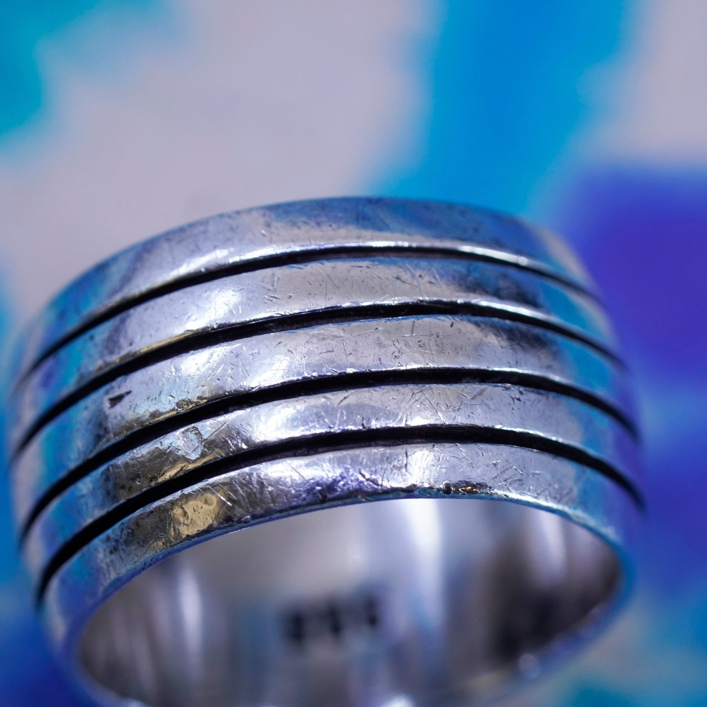 Size 10, vintage Sterling 925 silver handmade ribbed ring, wide ribbed band