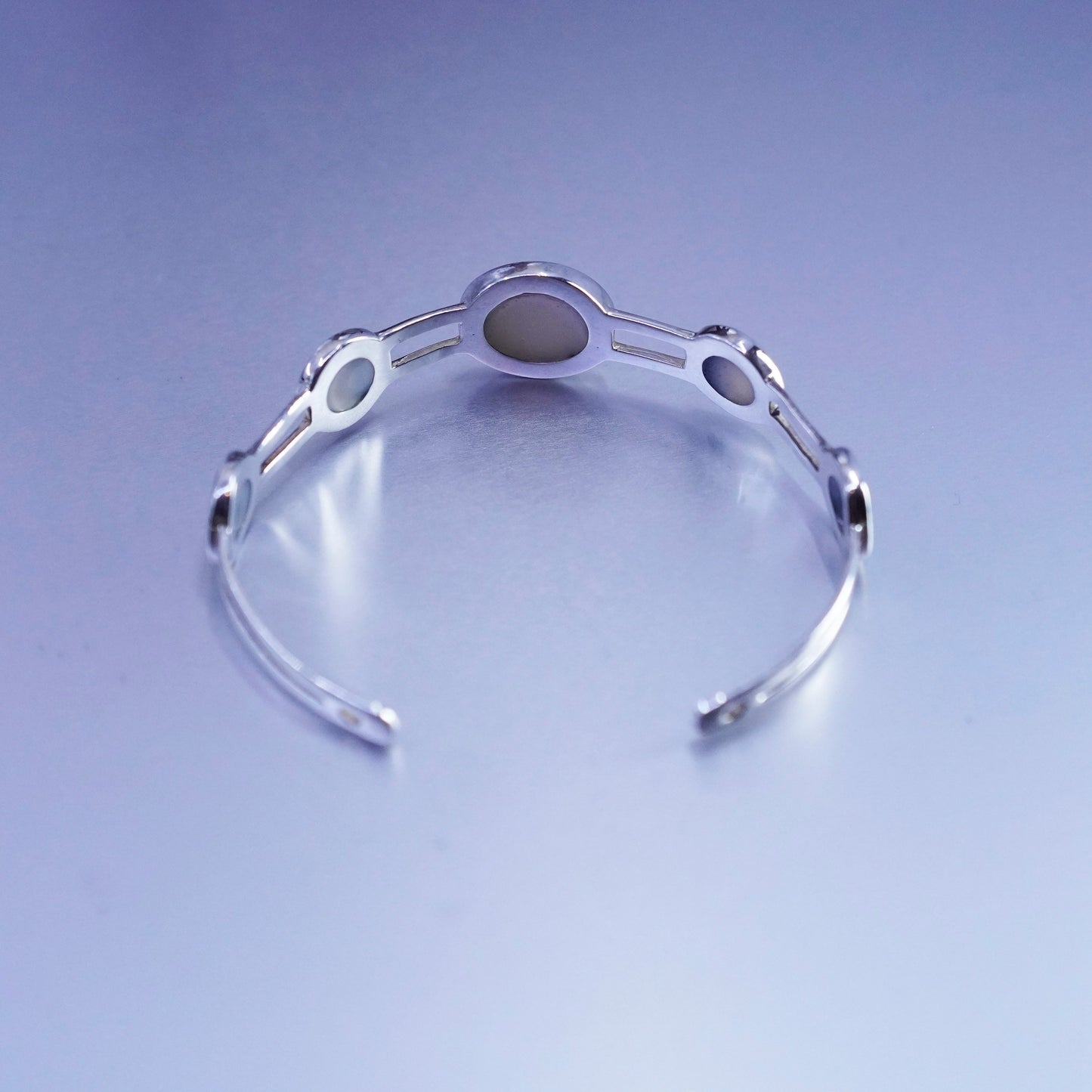 7.25”, Sterling 925 silver handmade bracelet, moon phases cuff mother of pearl