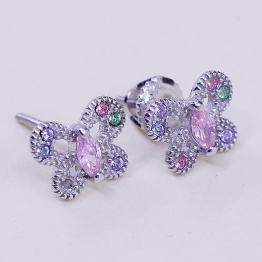 Vintage sterling silver earrings, 925 butterfly studs with pink quartz