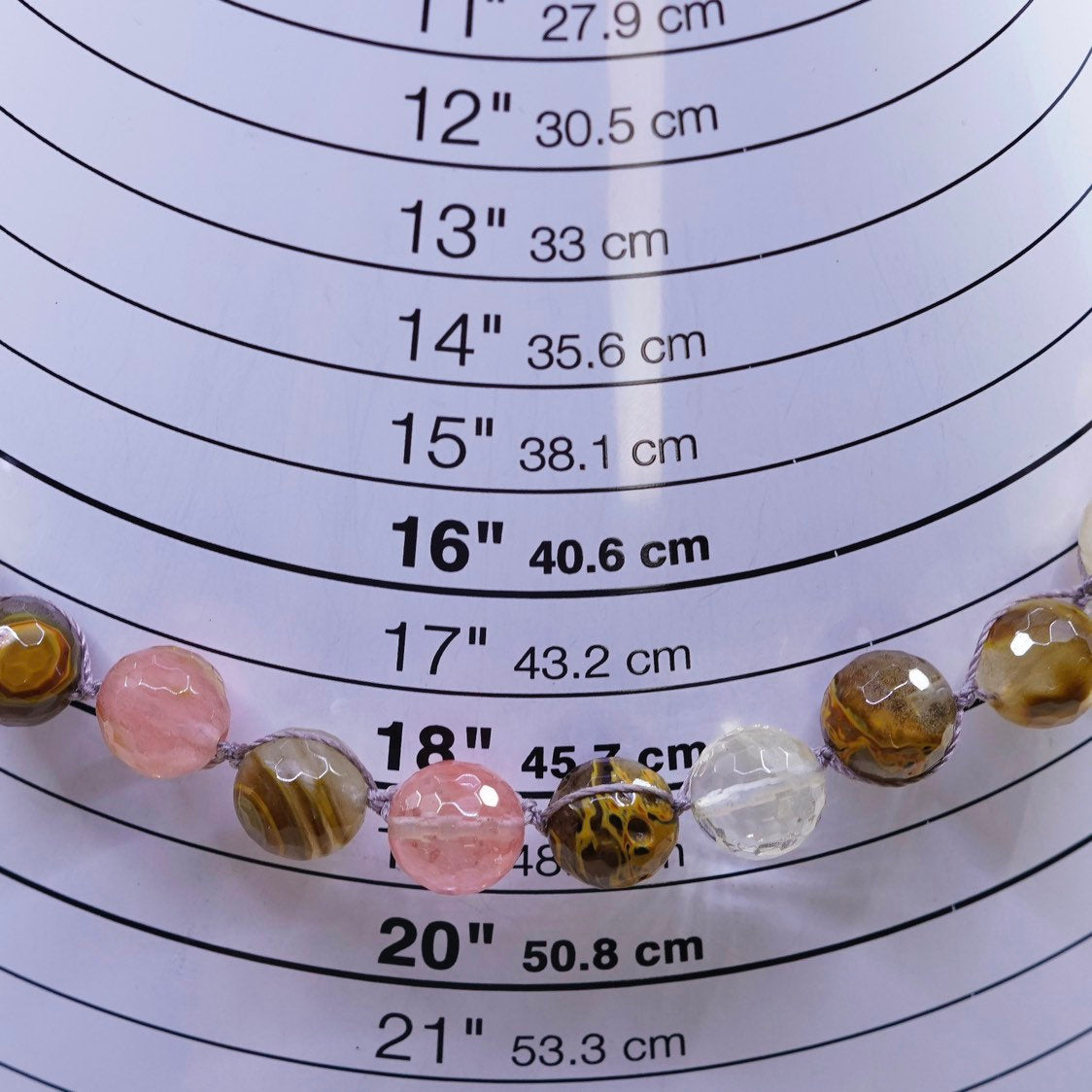 18”, vtg handmade Checker Cut agate quartz beads with linen thread necklace