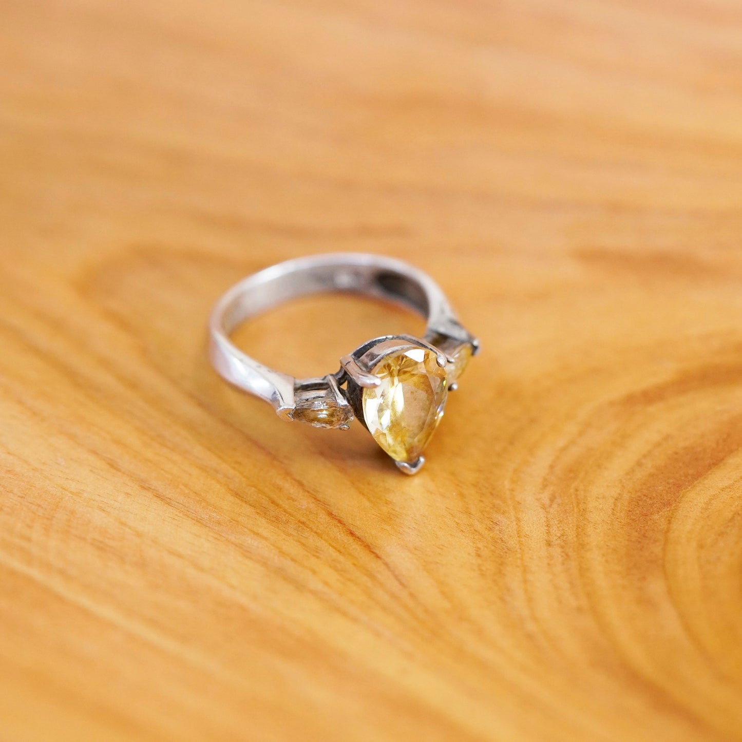 Size 8, vintage Sterling 925 silver handmade ring with teardrop citrine and cz