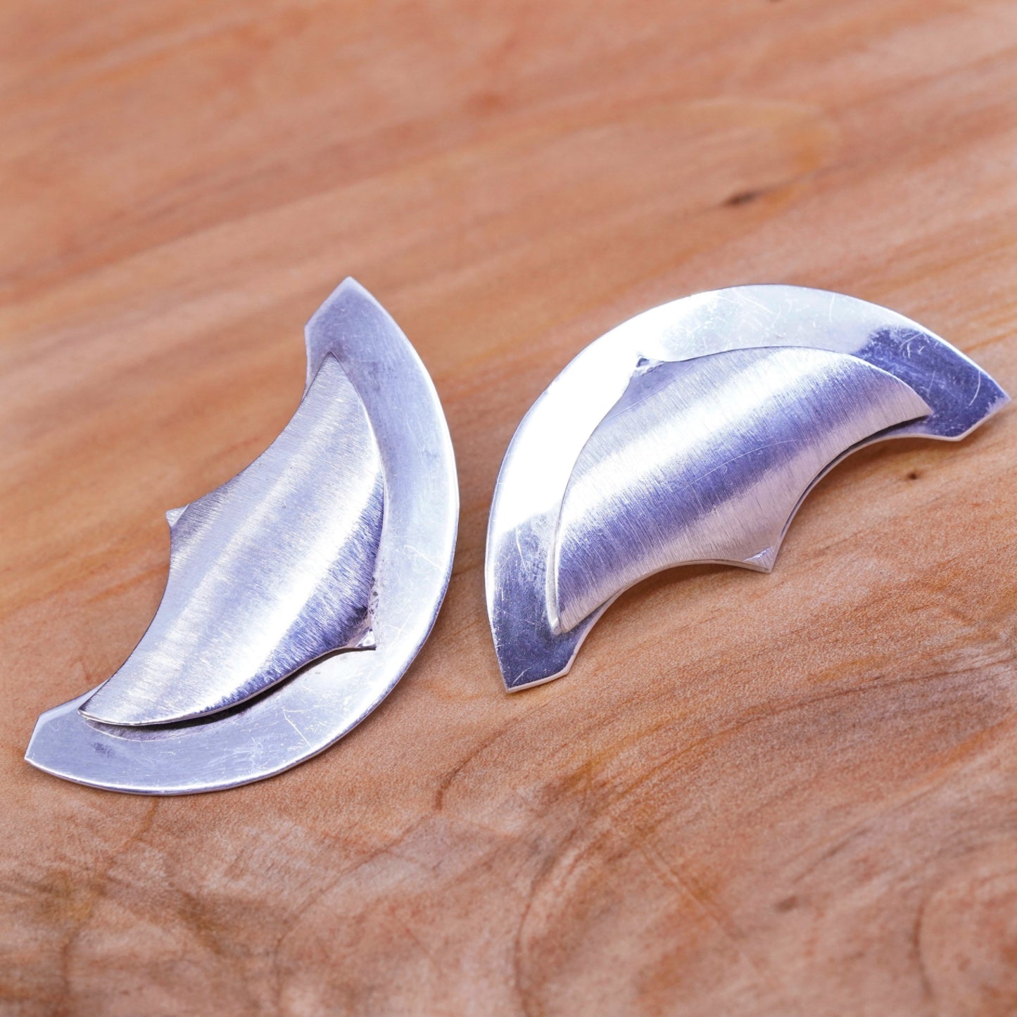 Vintage sterling silver handmade earrings, textured 925 moon shaped studs