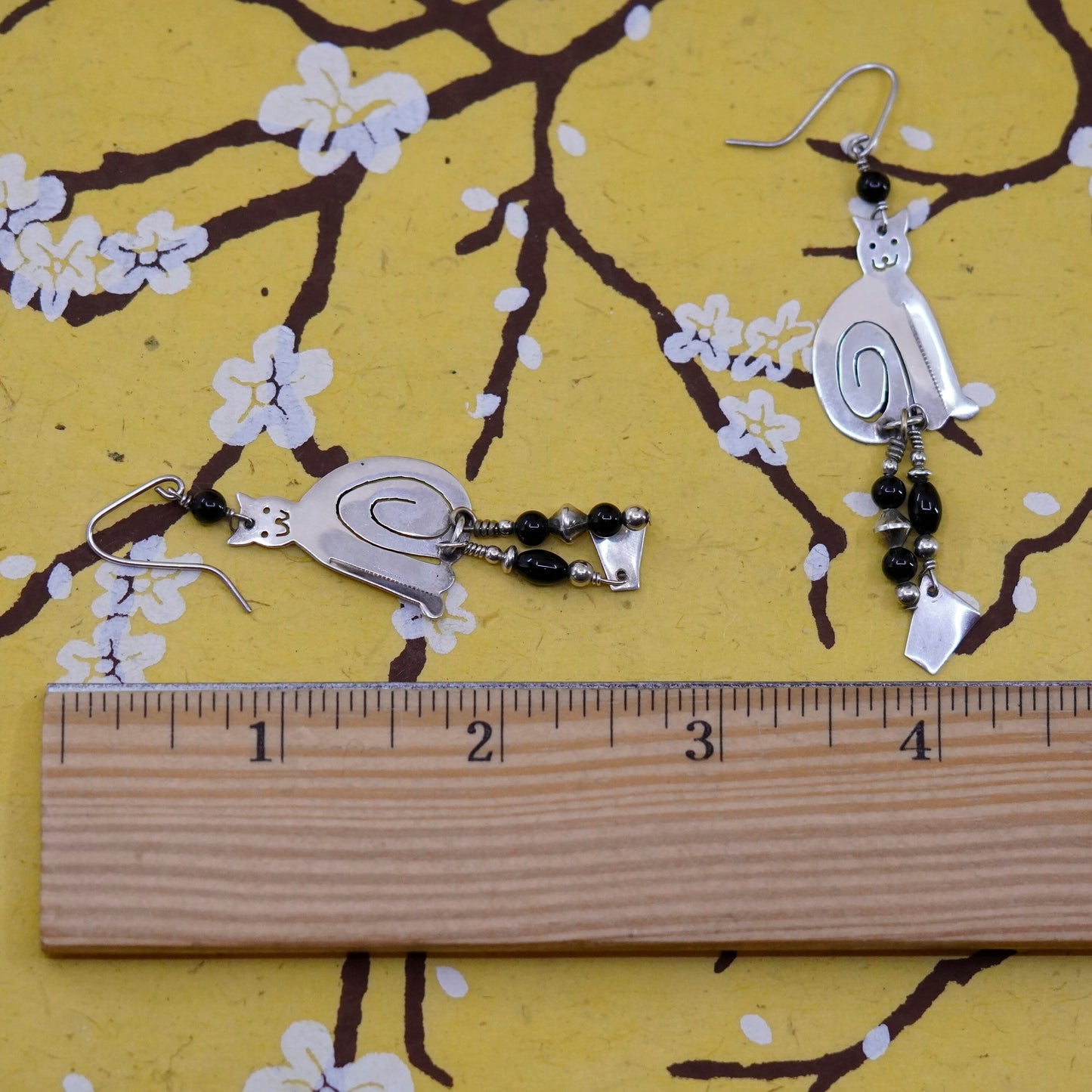 Vintage Sassi La Muth Sterling silver handmade earrings, 925 cat obsidian beads