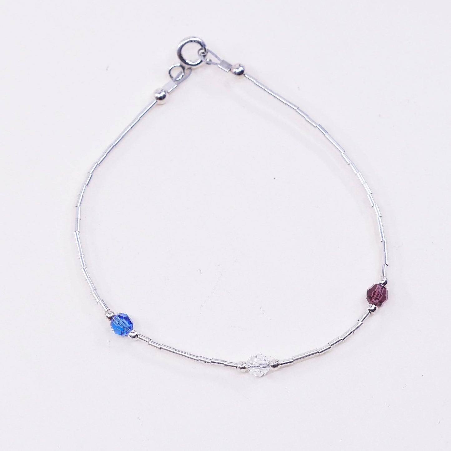 6.5”, sterling silver handmade bracelet, 925 liquid chain with crystal beads