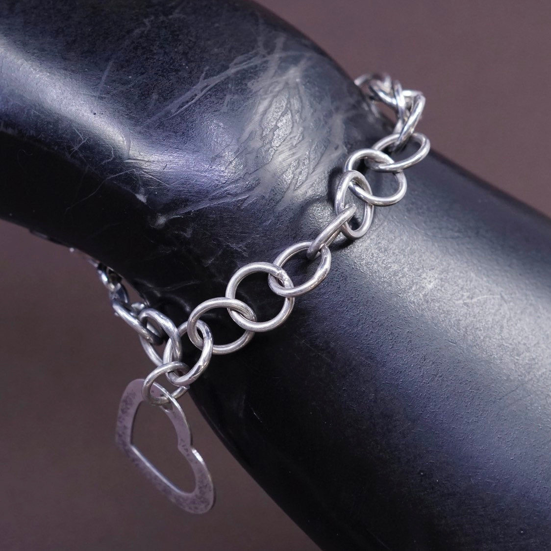 6.5”, Sterling silver handmade bracelet, 925 bold circle chain w/ heart charm