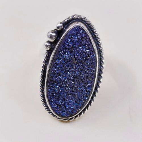 Sz 6, Vtg Sterling 925 Silver Handmade Ring w/ Obsidian Blue Druzy, Stamped