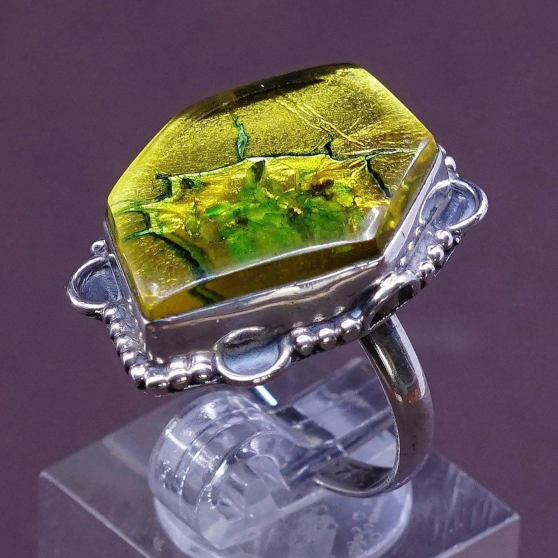 sz 8.5, Sterling silver handmade ring, southwestern 925 w/ yellow foiled glass