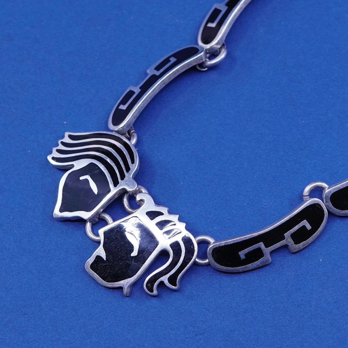 18”, Southwestern sterling 925 silver handmade necklace, man woman face w/ onyx