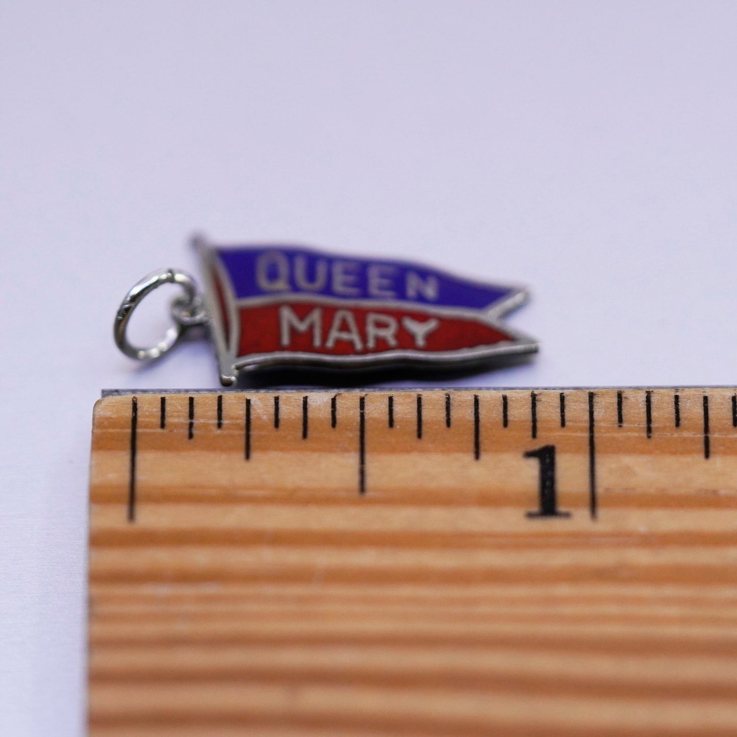 Vintage sterling 925 silver enamel charm with flag embossed “Queen Mary”