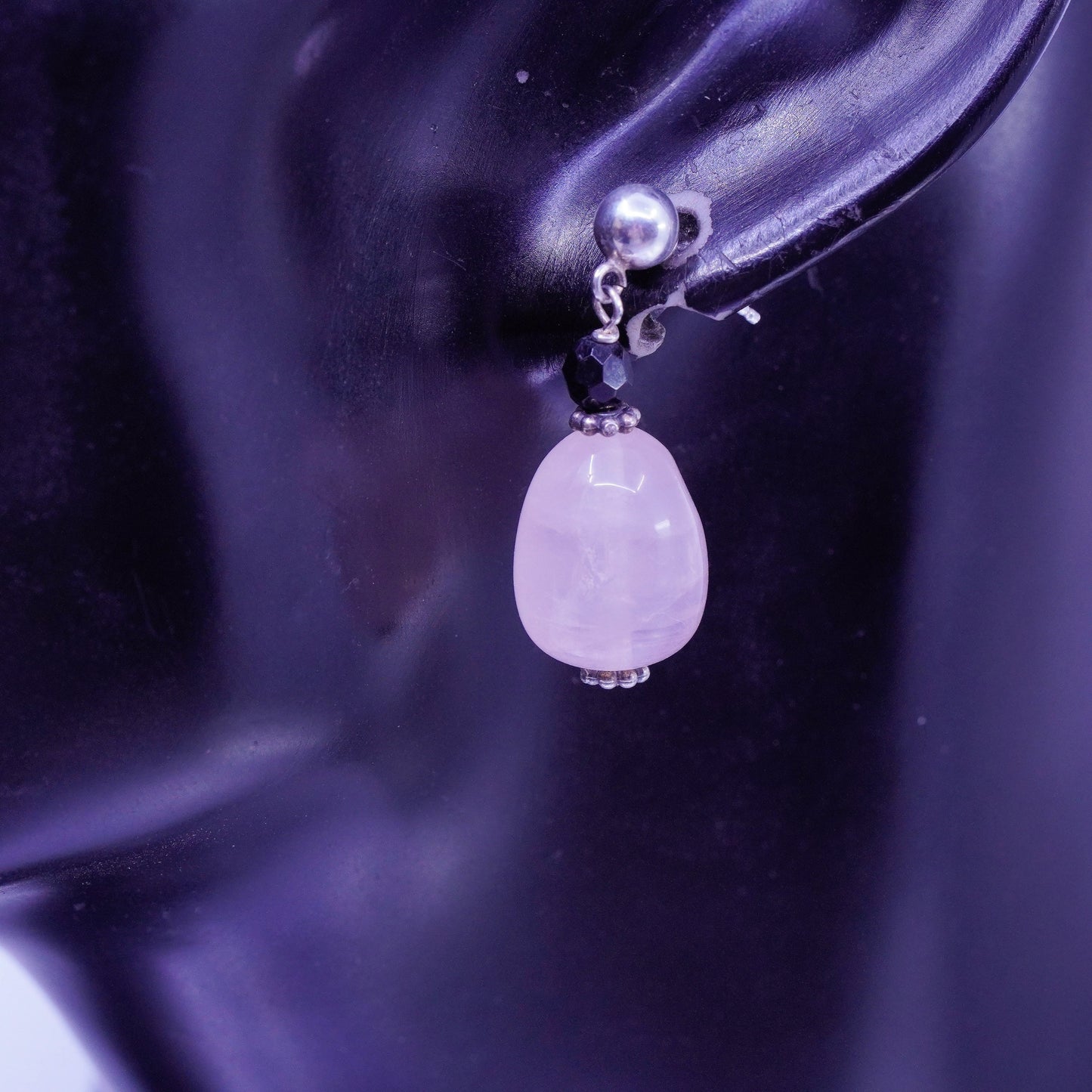 Vintage Sterling 925 silver handmade earrings with pink rose quartz