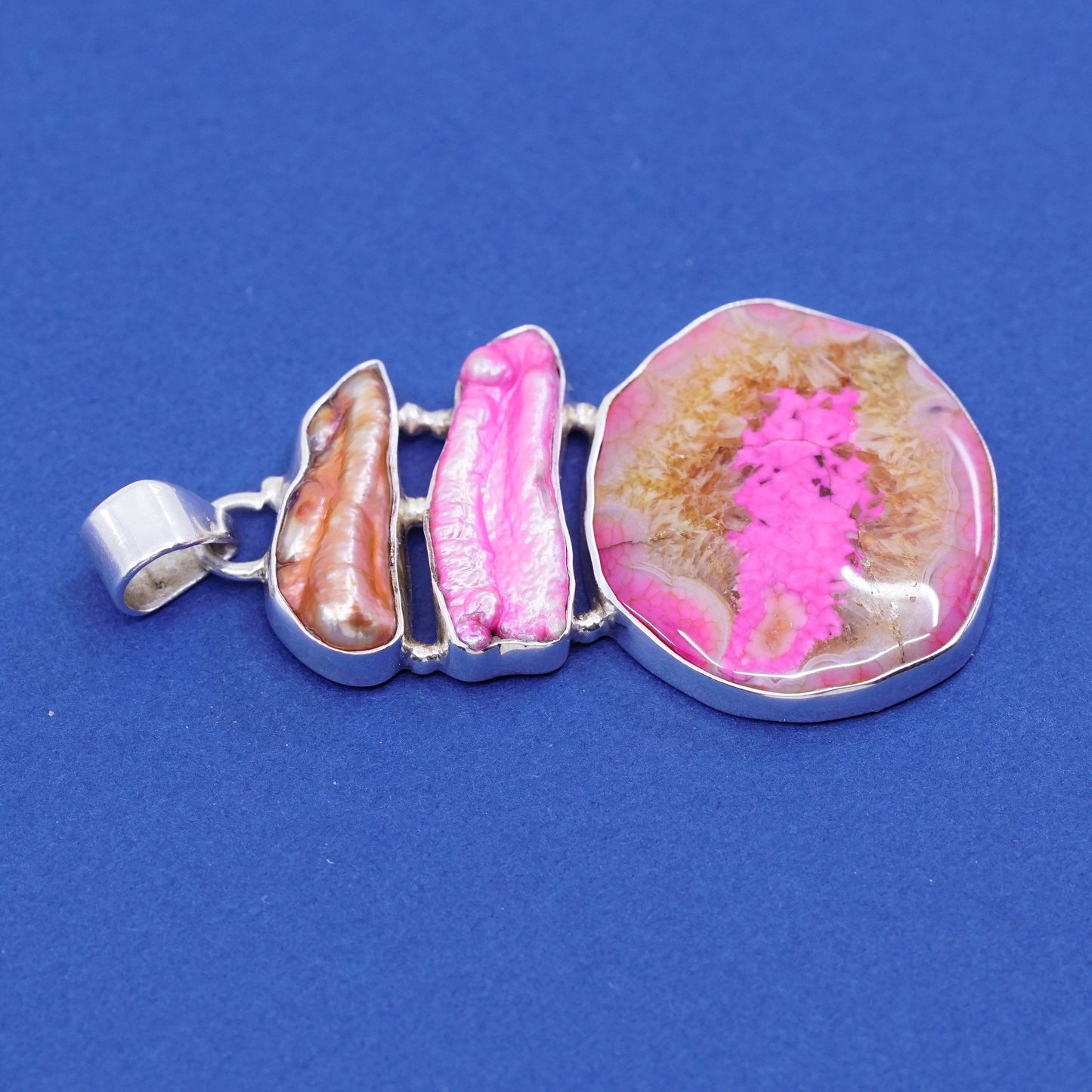 vtg sterling 925 silver handmade pendant with pink lace agate N pearl