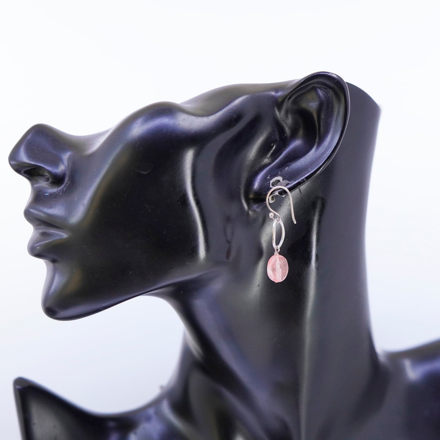 Vintage Sterling 925 silver handmade earrings with pink rose quartz