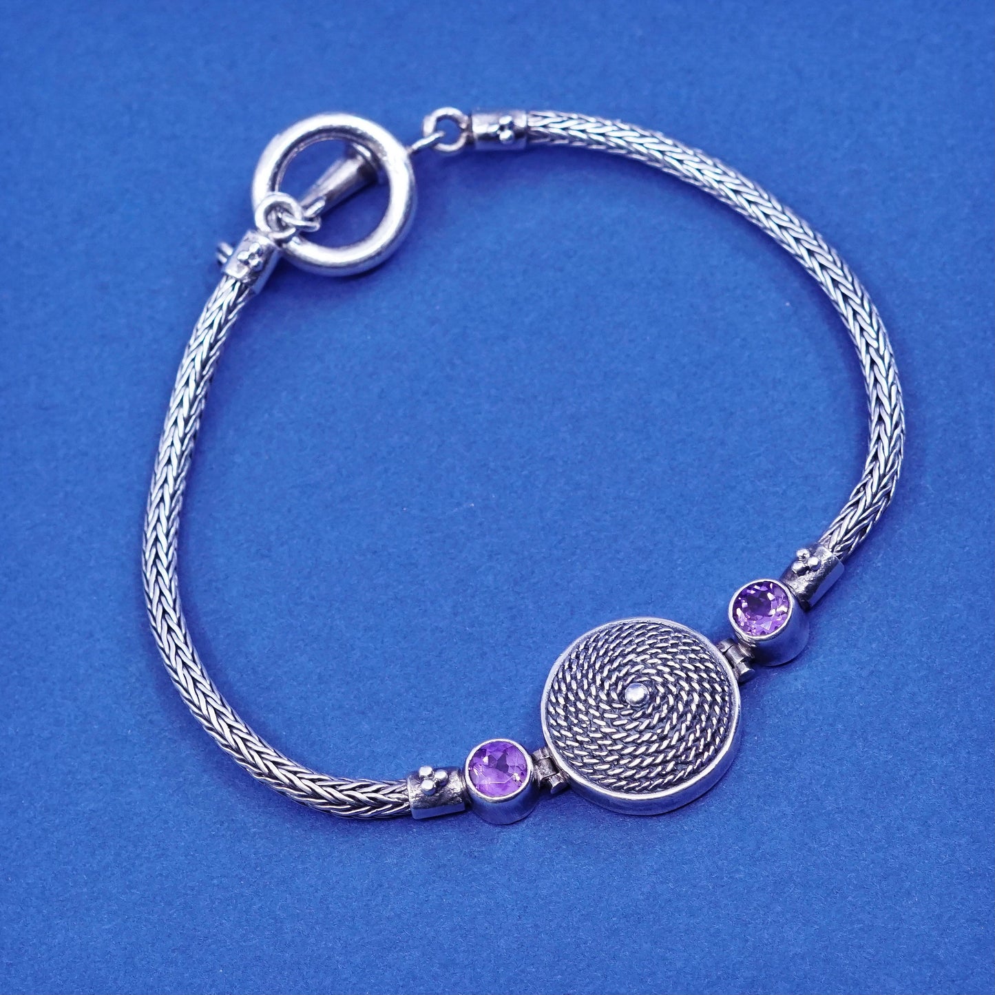 6.75”, GeoArtSterling silver bracelet, bold 925 wheat chain w/ amethyst beads