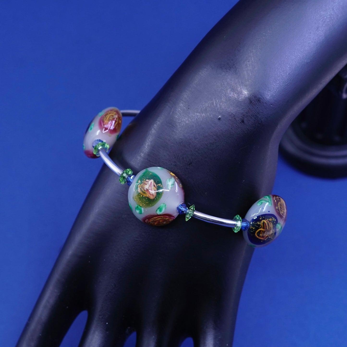 6.5”, Sterling silver handmade bracelet, 925 curvy bar with glass beads