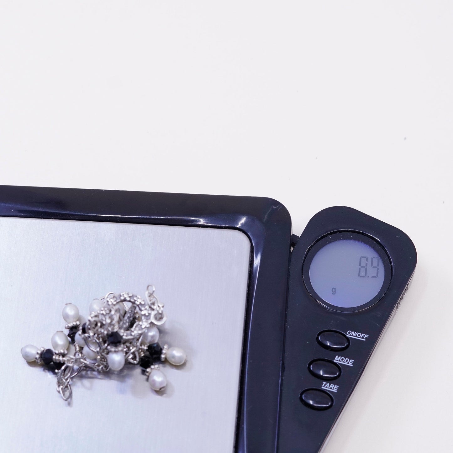 6.75”, vtg Sterling 925 silver handmade bracelet, pearl beads with crystal