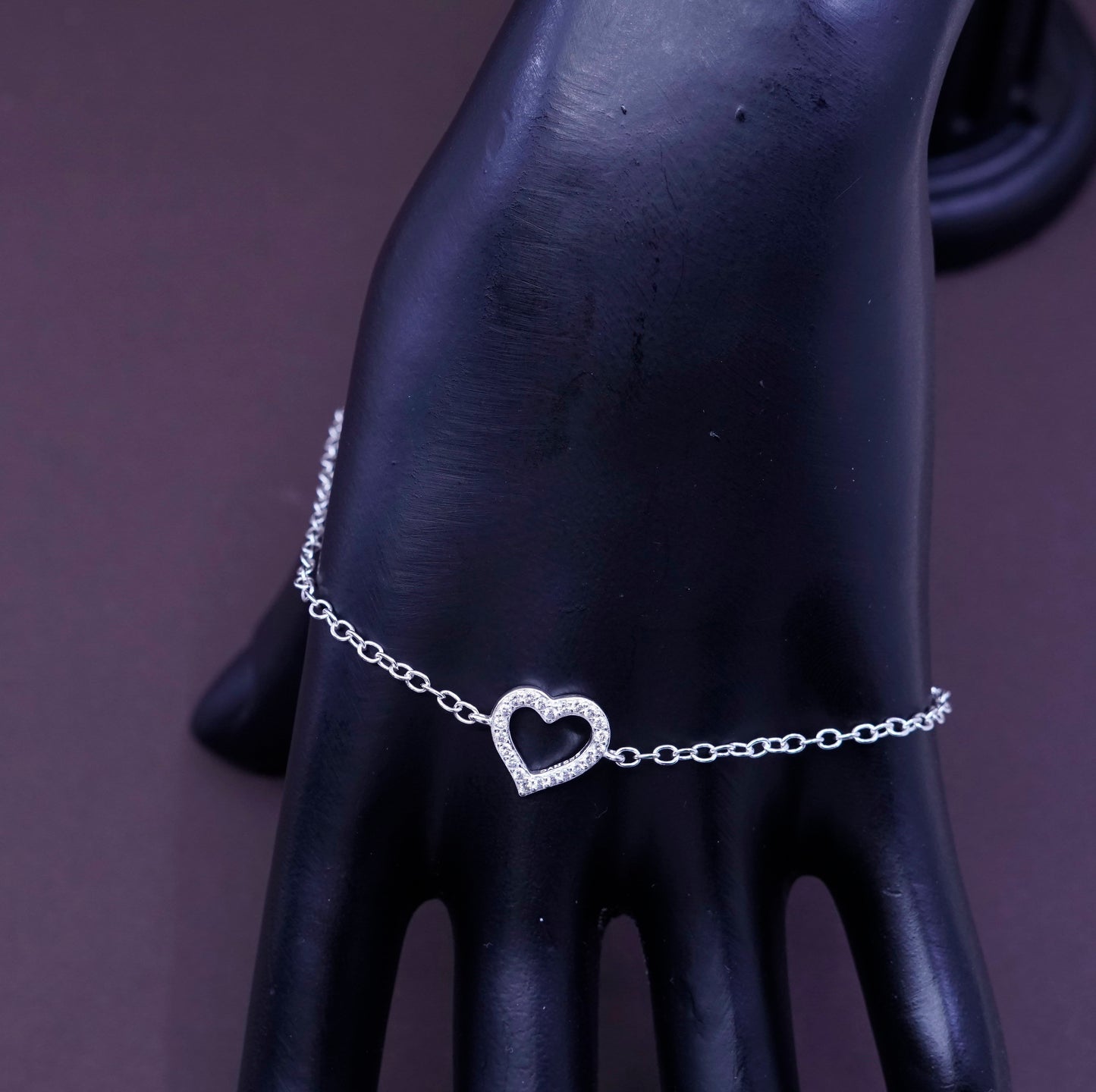 7.75”, Sterling silver handmade charm bracelet, 925 circle chain w/ Cz heart