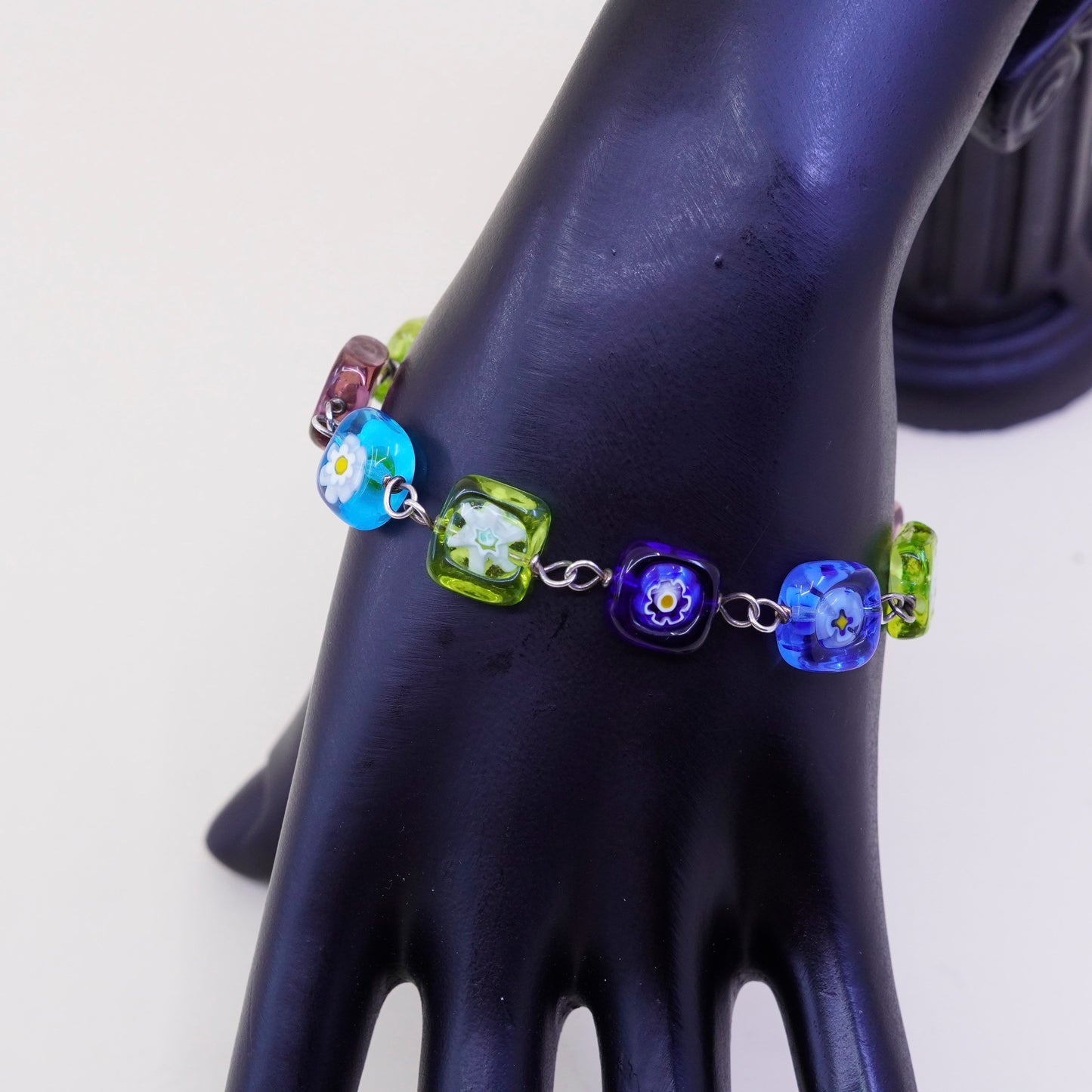 7”, Italy 925 Sterling 925 silver beads bracelet w/ artisan Murano glass