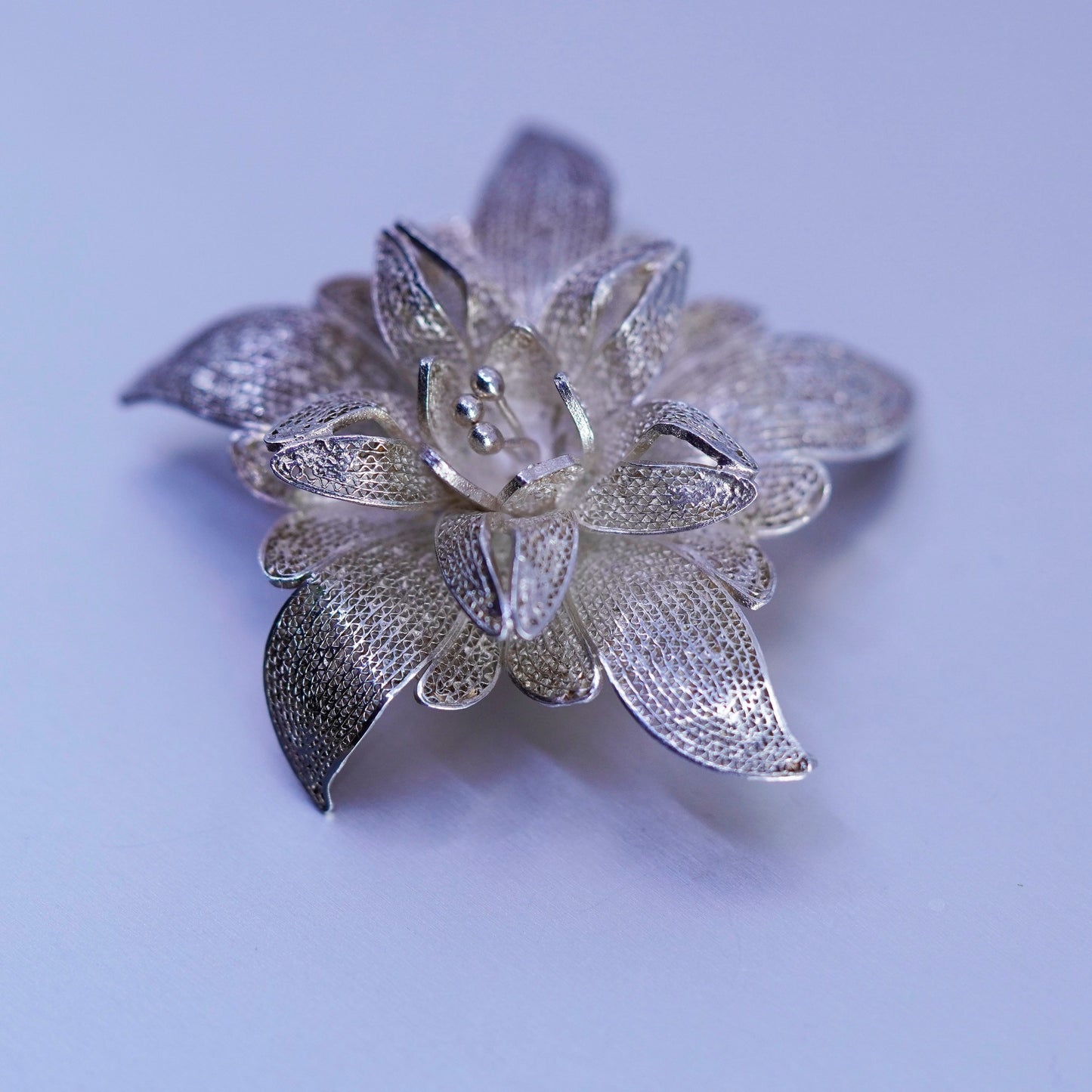 Vintage sterling silver handmade brooch, 925 filigree flower pin