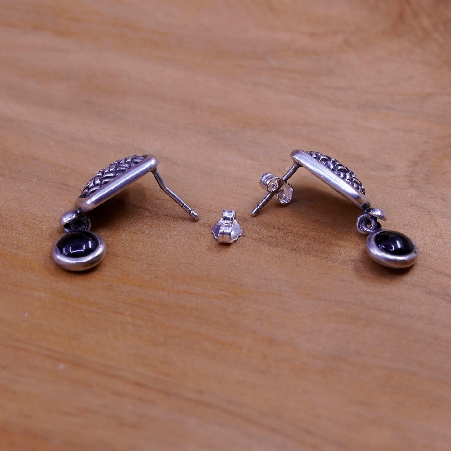 Sterling silver handmade earrings, textured 925 rectangular obsidian beads