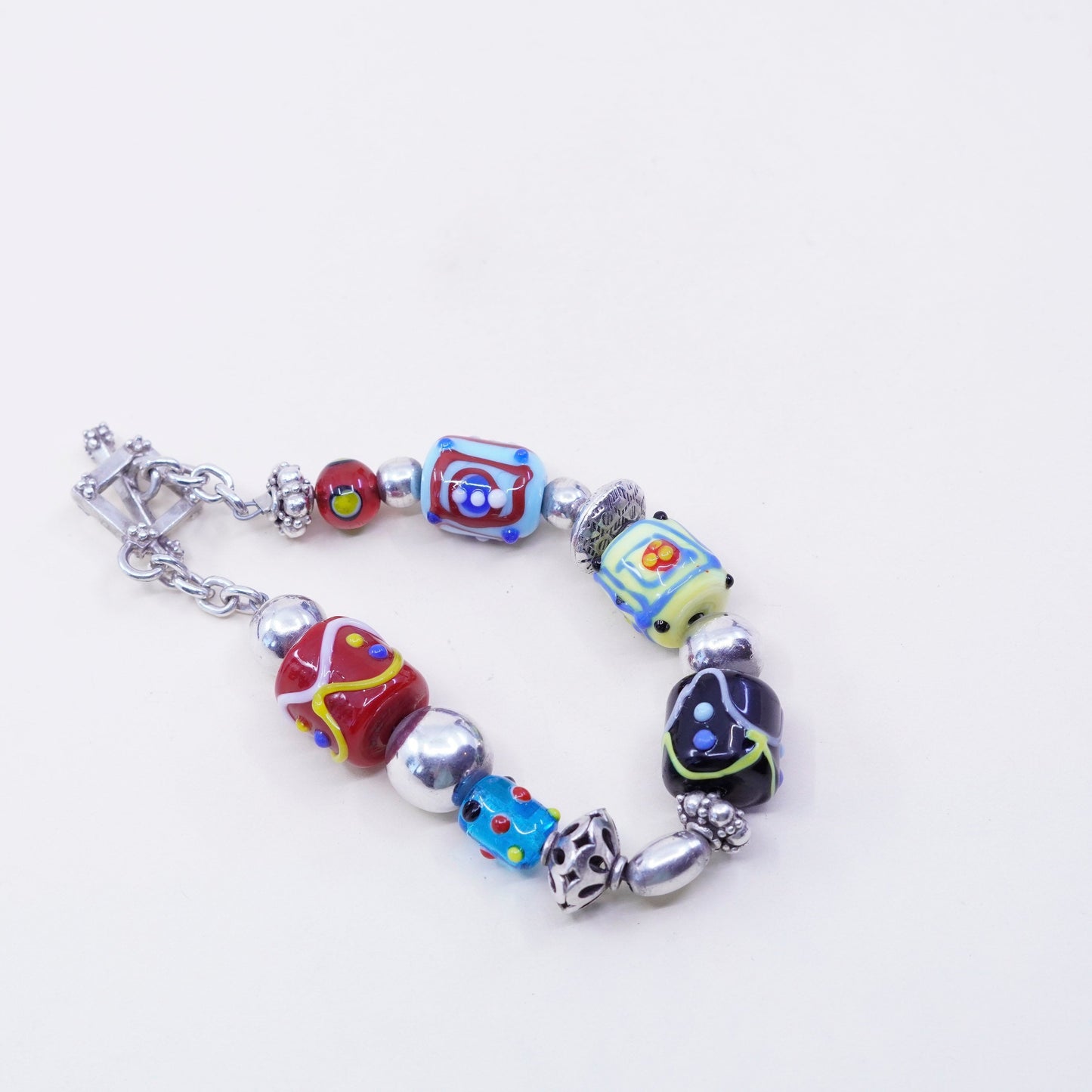 7”, vtg Silpada Sterling Silver Lampwork Art Glass Bead Toggle Bracelet B0871