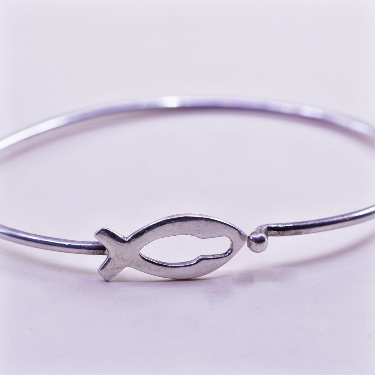 7.5”, Vintage sterling silver handmade bracelet, 925 bangle with fish hinged