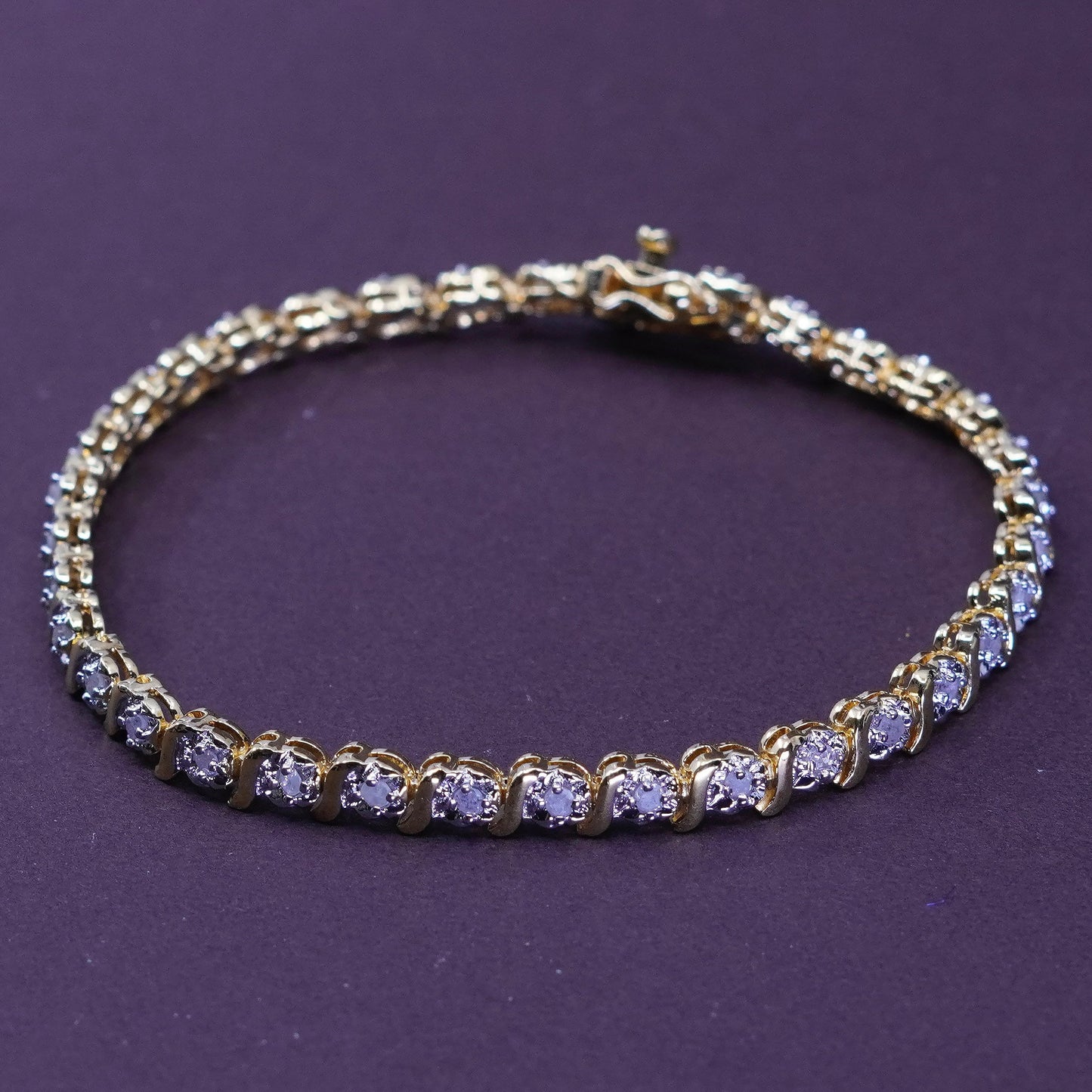 7.25”, vermeil gold over Sterling 925 silver tennis bracelet, chain diamonds