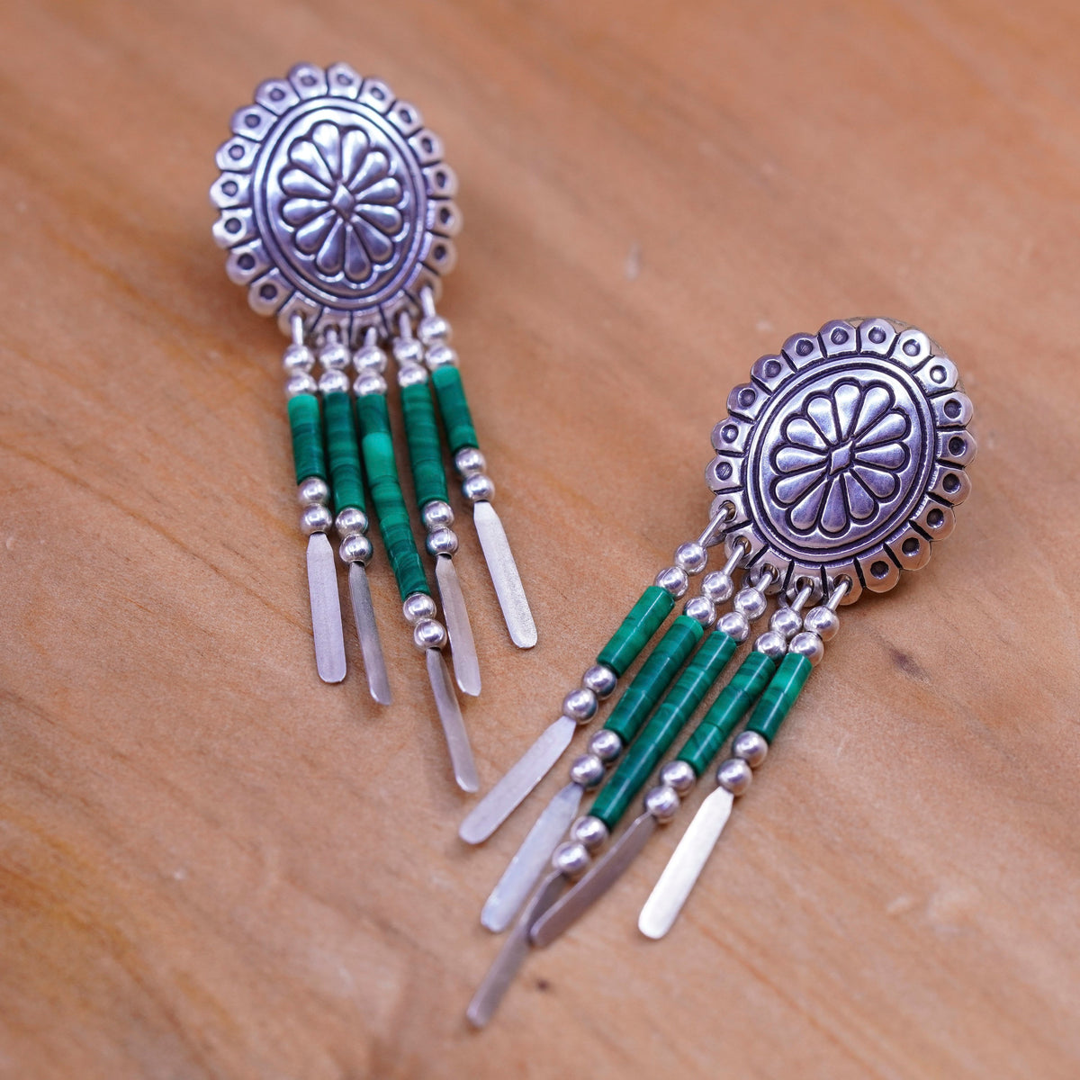 Quoc Turquoise Q.T. Sterling Silver Earrings, 925 studs malachite fringe drops