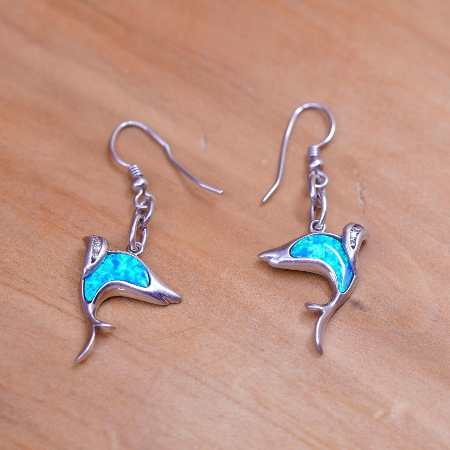 Vintage Sterling 925 silver handmade dolphin earrings with opal inlay