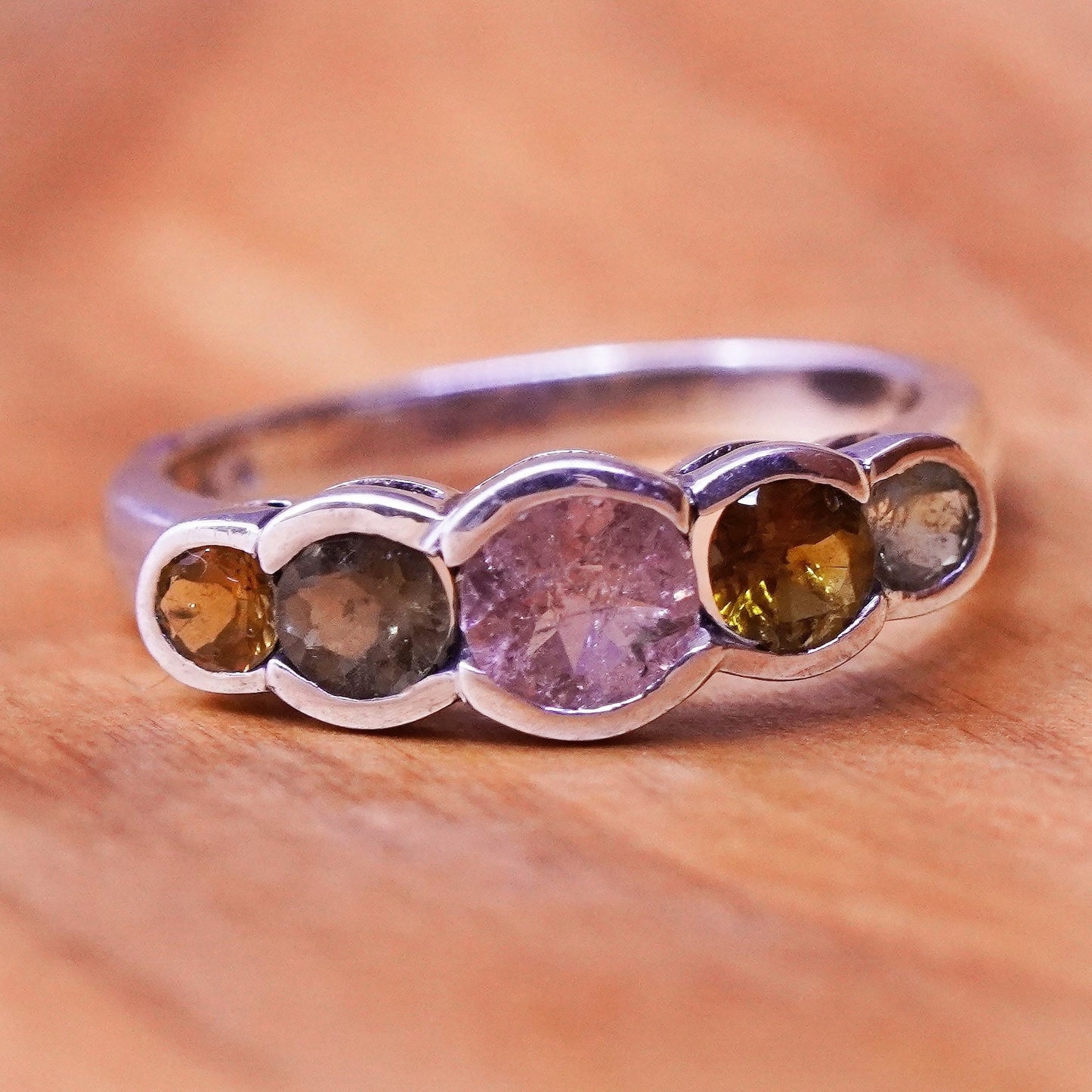 Size 6, vintage Sterling 925 silver handmade ring with pink cz citrine peridot