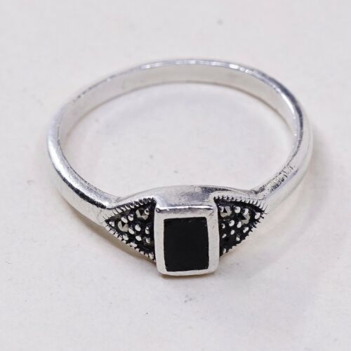 Sz 7.75, Vtg Sterling Silver Handmade Ring, 925 Silver Band W obsidian inlay