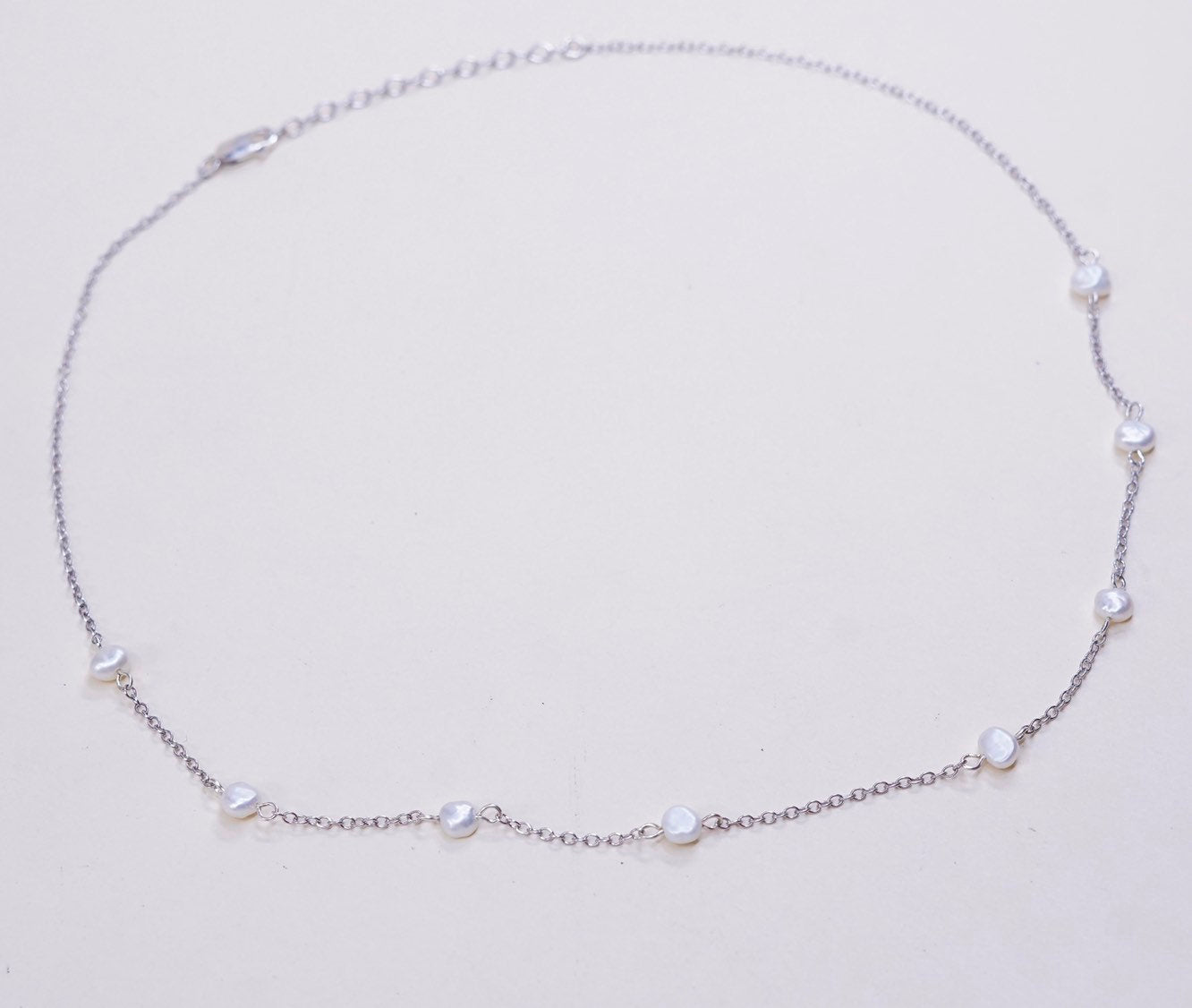 16+2", vtg handmade Sterling silver Circle link chain with pearl beads
