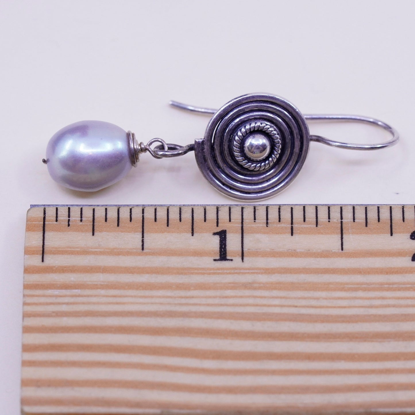 Vintage Sterling silver handmade earrings, 925 swirly dangles with pearl
