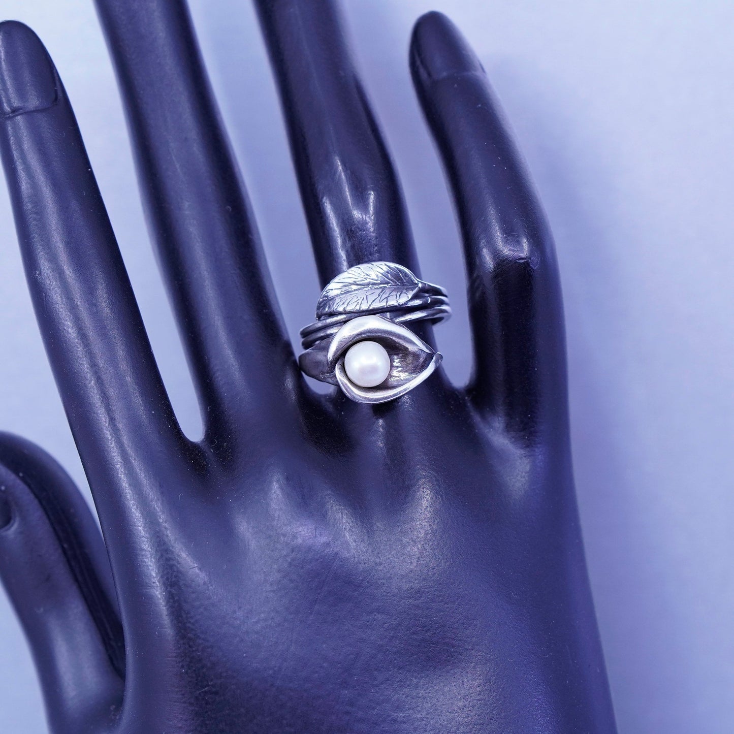 Size 7, Shablool Didae sterling silver ring handmade lily flower 925 band pearl